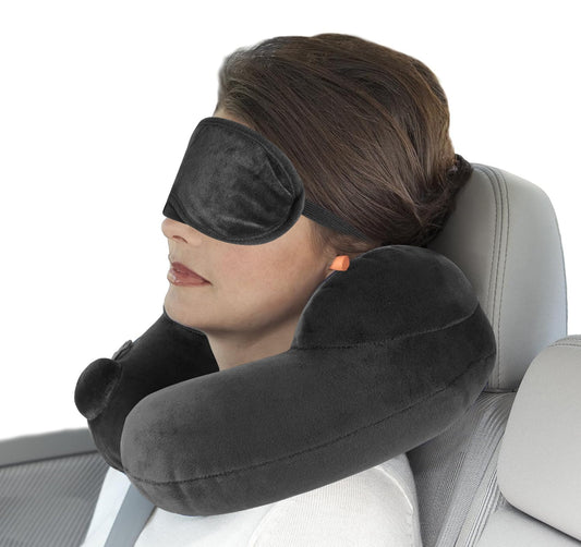 Almohada de Viaje, Almohada de Cuello, Almohada Inflable Desinflado con Máscara de Ojos, Tapones para los oídos Ruidosos, Bolsa con Cordón, Soporte de Cuello, para Avión, Oficina, Automóviles y Hogar