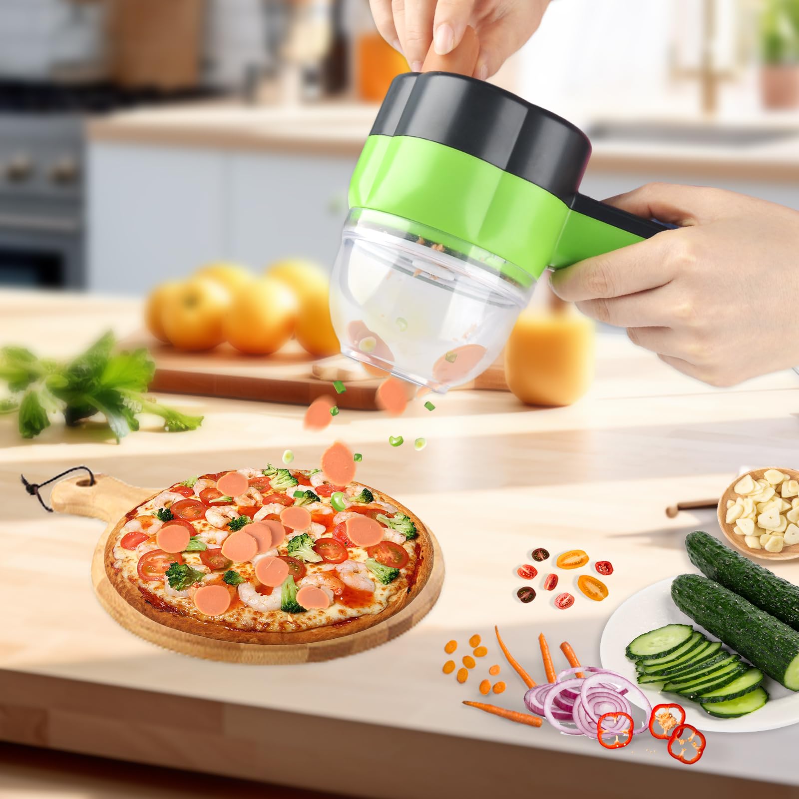 Cortador eléctrico de verduras 4 en 1, portátil, recargable, inalámbrico procesador de alimentos y picadora, rebanada de alimentos para el hogar, cocina, ajo, pimienta, chile, cebolla, apio, jengibre