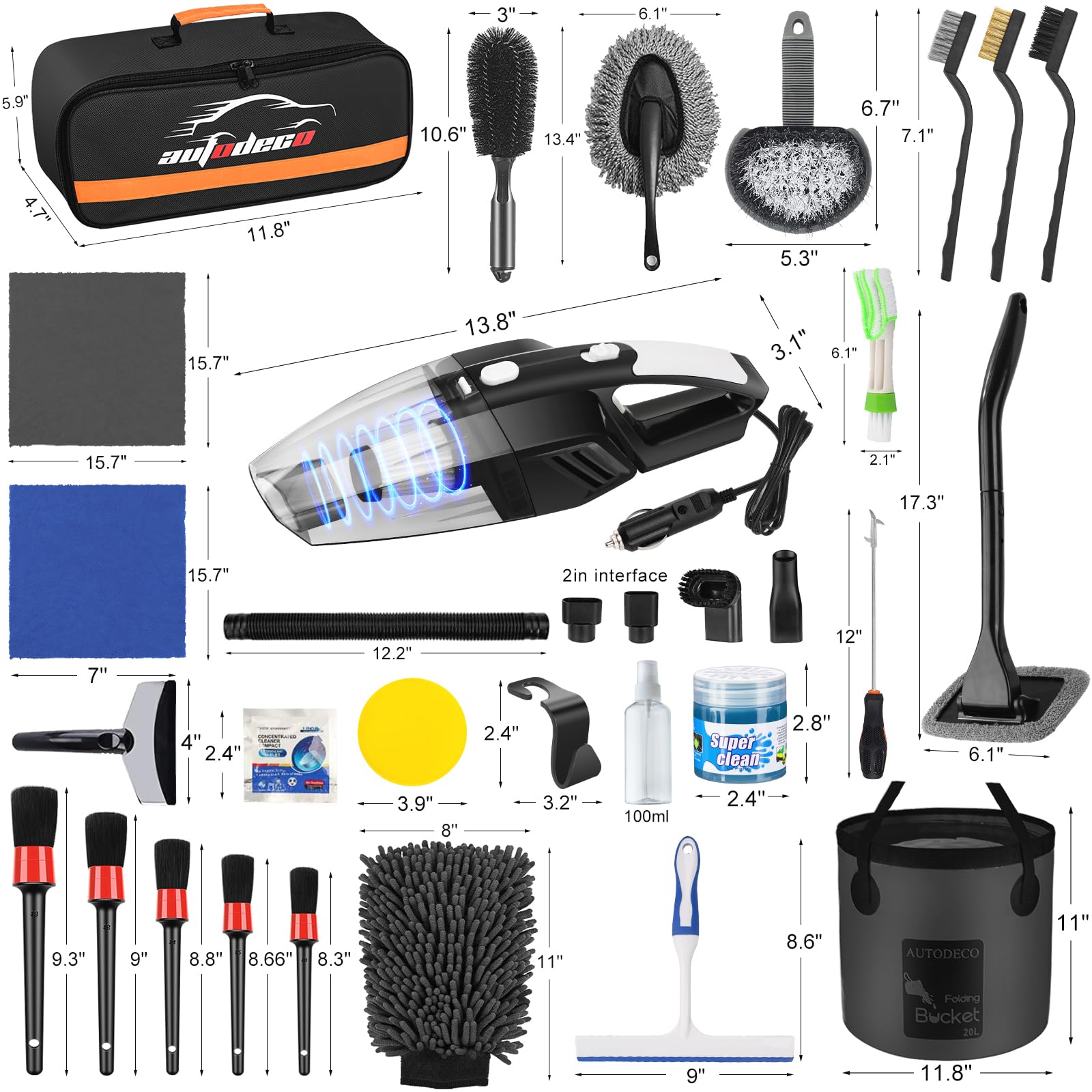 AUTODECO - Kit de 41 piezas de limpieza de coche, kit de limpieza de detalles interiores con aspiradora de mano de alta potencia, cubeta plegable, herramienta para parabrisas, pala de nieve, cepillo
