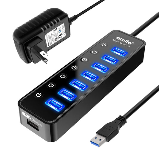 atolla Hub USB 3.0, 7 Puertos Multi USB 3.0 Hub con Interruptor Independiente + 1 Puerto de Carga USB y 5V / 4A Adaptador de Corriente Extension USB para MacBook, Mac Pro/Mini y más