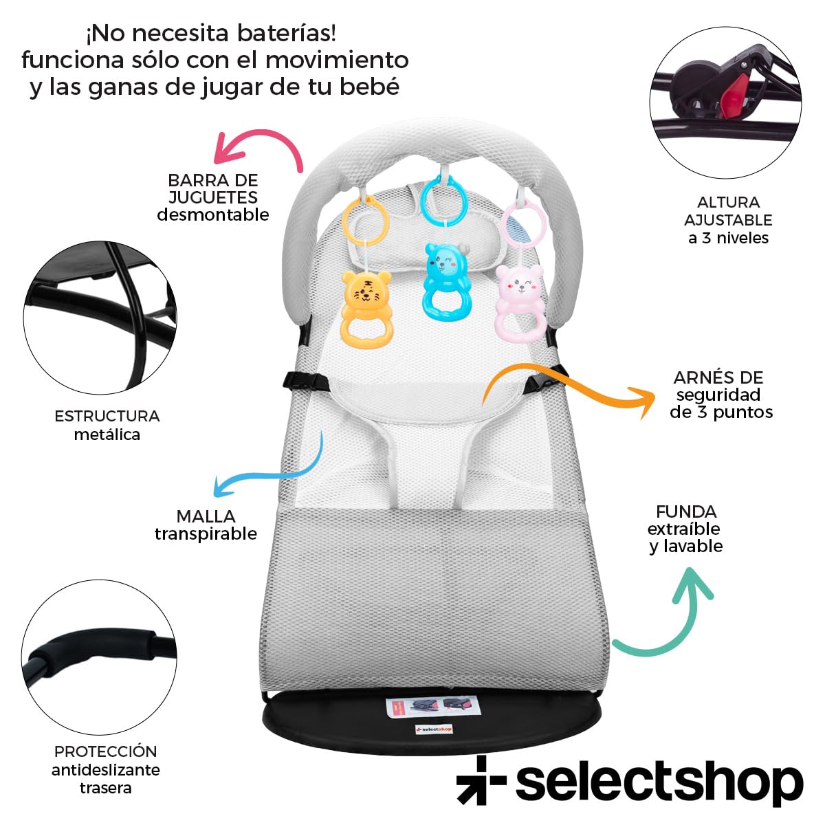 Silla Mecedora SELECTSHOP Gris Portátil de Lujo Asiento Transpirable y Cómodo Para Bebé