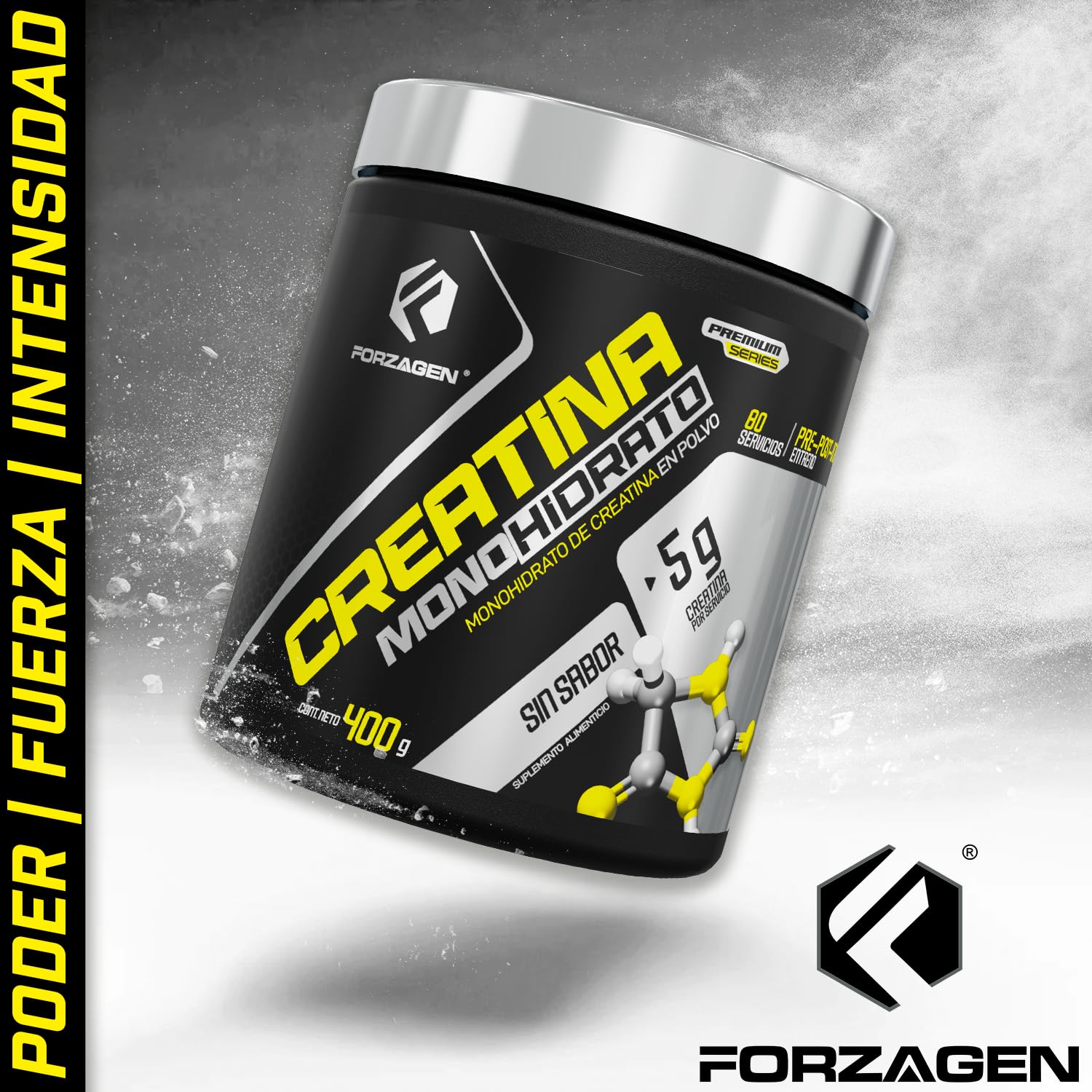 Forzagen | Creatina Monohidrato 100% Pura | 5 g de Creatina | 80 Servicios | Sin Sabor | Pre Entrenamiento | Alto Rendimiento | 400 g