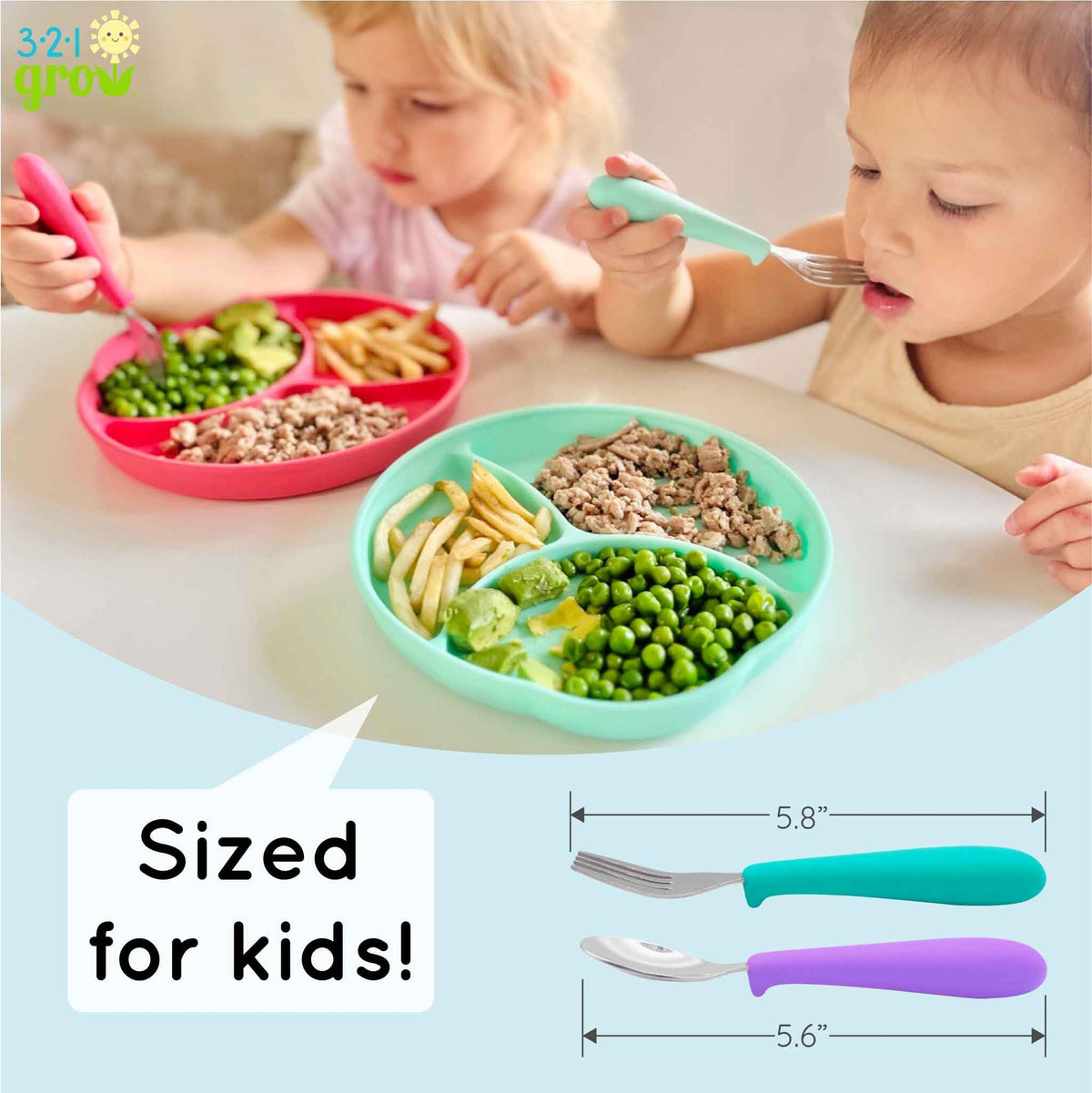 321 Grow • Juego de cuchara y tenedor Eat with Me • Utensilios seguros para niños y niños • Juego de 4 piezas • Acero inoxidable con mango de silicona • 12 meses + (medianoche)