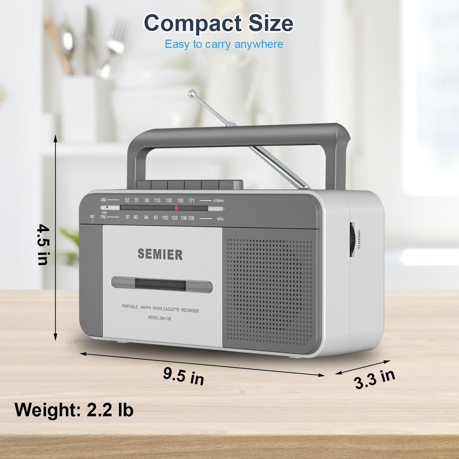 Reproductor de Casete Retro SEMIER Estéreo AM/FM Portátil con Altavoz 6W y Conector de Auriculares