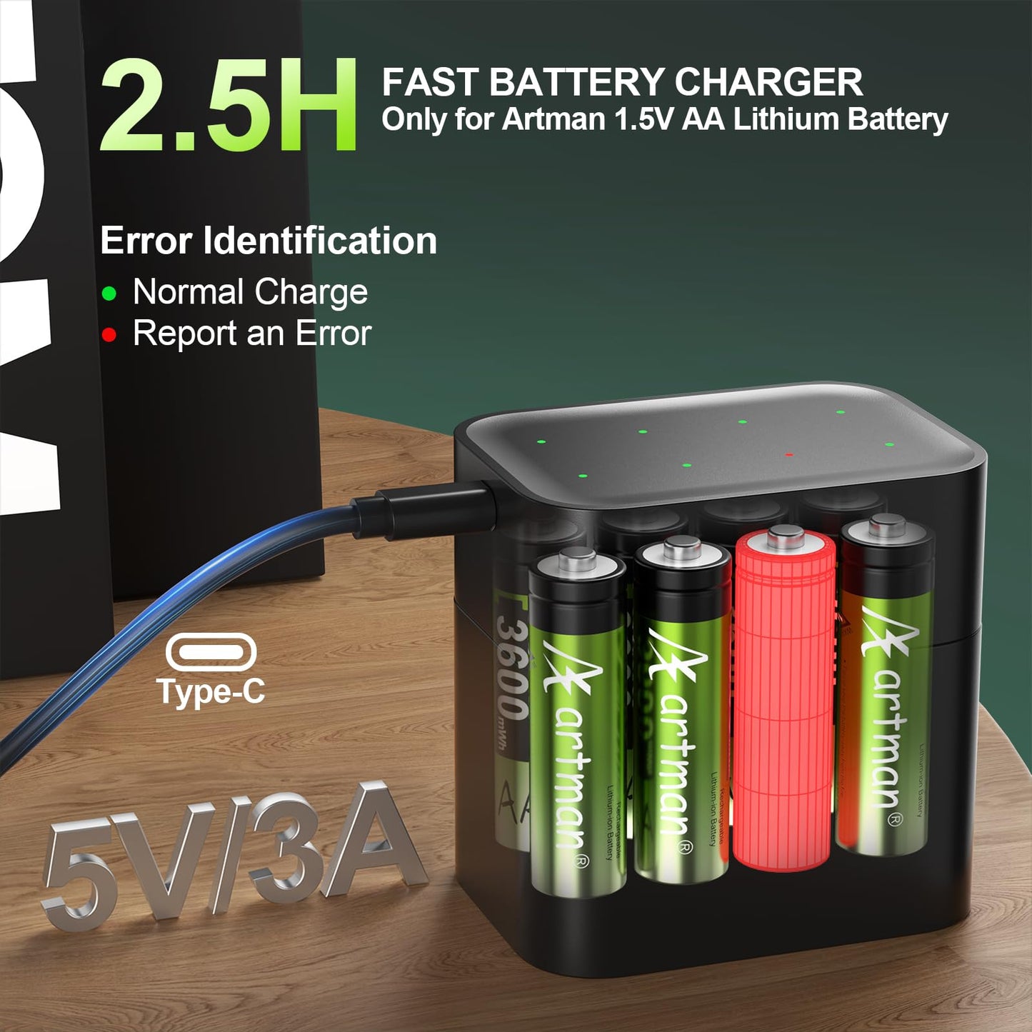 Artman 3600mWh Pilas Recargables de Litio AA con Cargador, Pack de 8 Pilas de Litio AA de 1,5V para Cámara Exterior Blink, Batería Recargable Doble A de Larga Duración con Más de 2000 Ciclos (Verde)