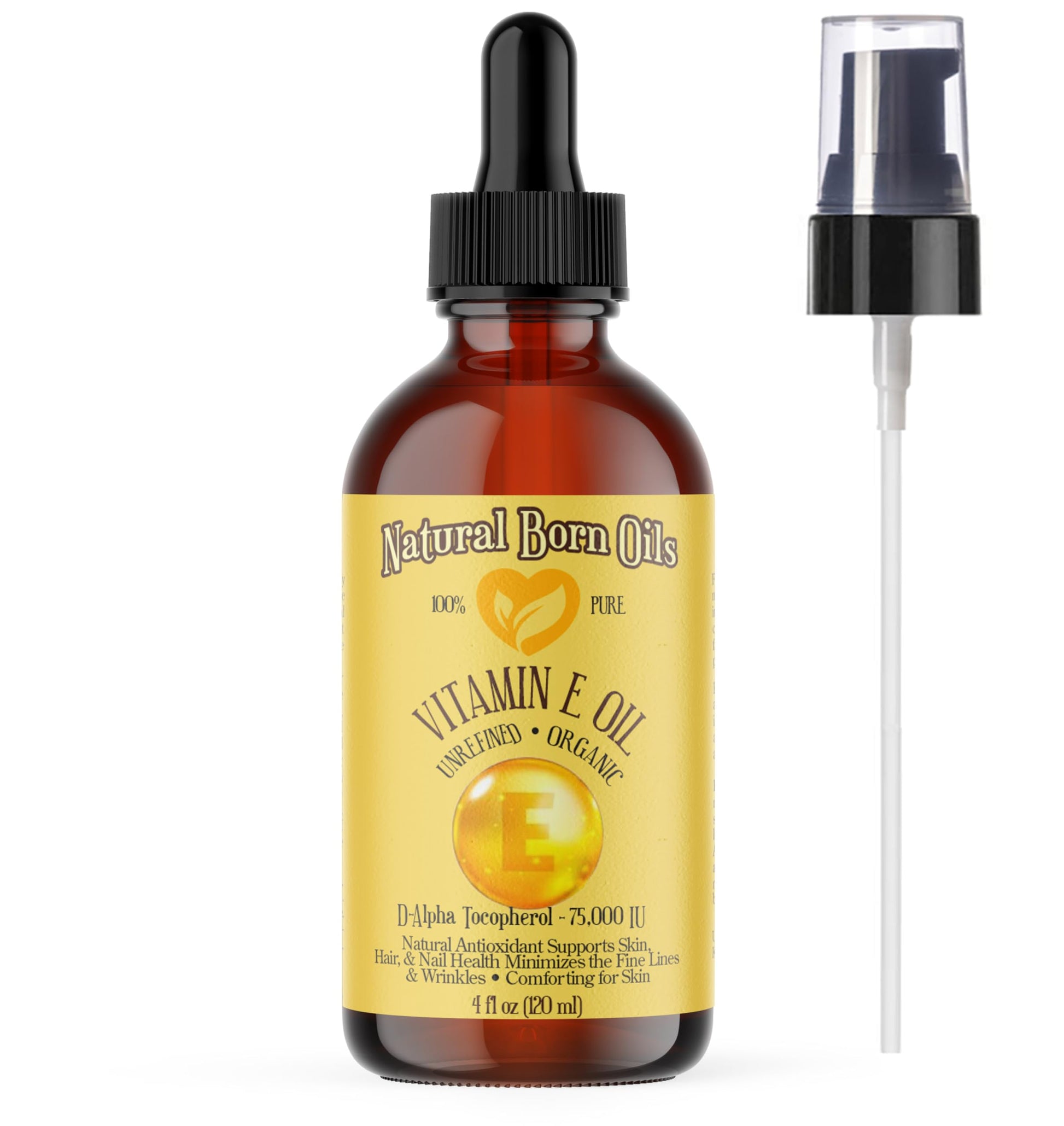 Natural Born Oils, Aceite de vitamina E, Antioxidante orgánico para la piel y el cabello, D-Alpha Tocopherol, 75,000 I.U., 4 oz (120 ml)