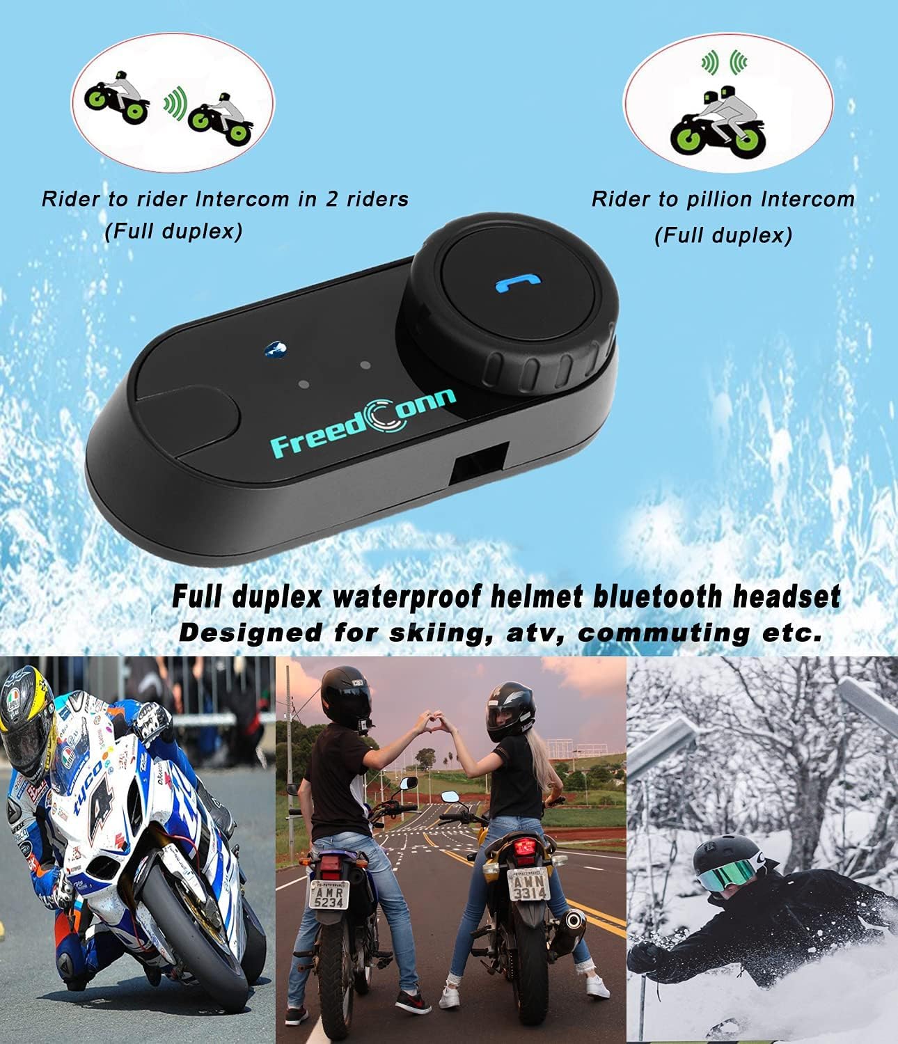 FreedConn TCOM VB Auriculares Bluetooth para Casco de Motocicleta, 2 Conductores 800 M compartiendo música, Sistema de comunicación de intercomunicador Impermeable/FM/Siri/BT5.0/micrófono 2 en 1