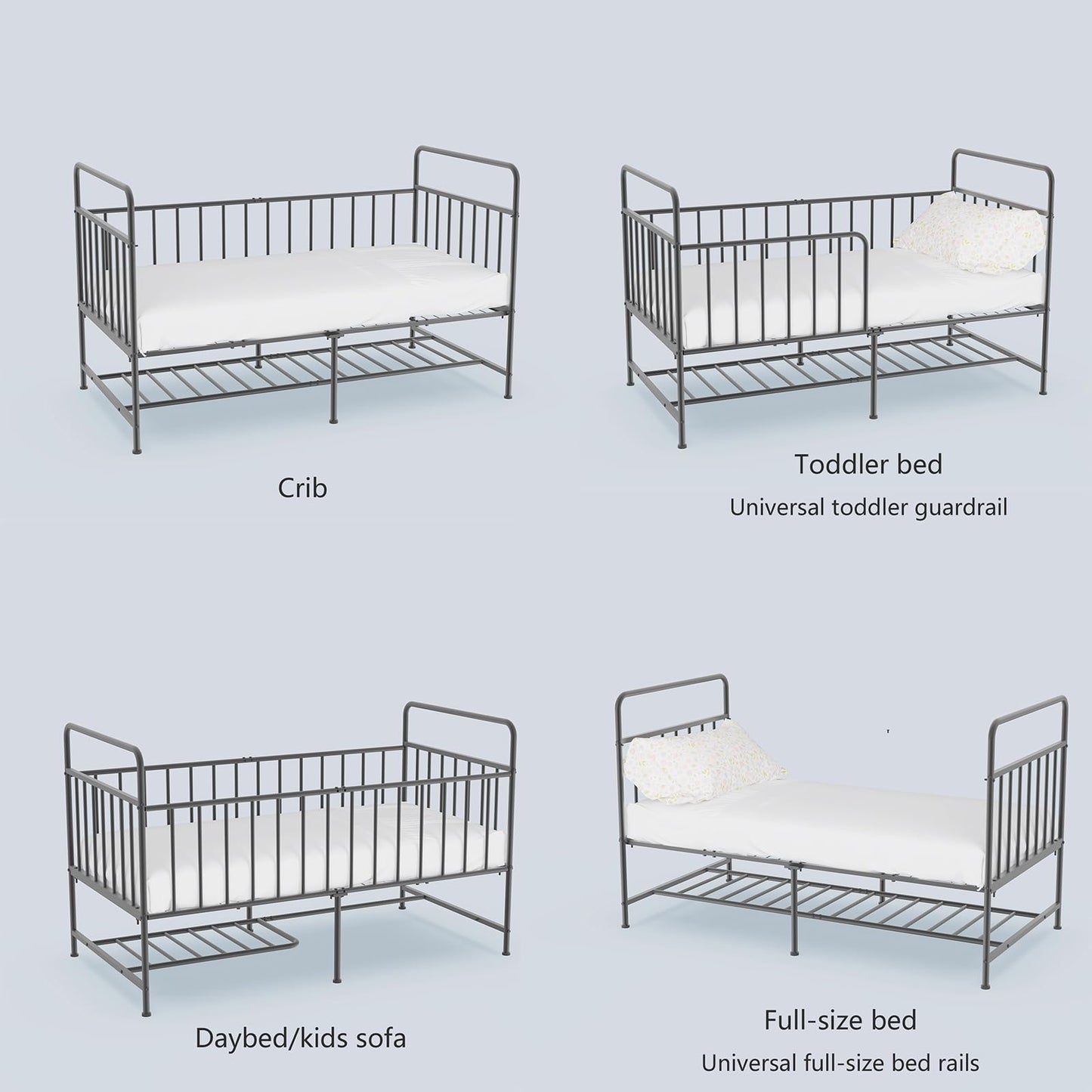 Uzelia Cuna Convertible para Bebé 4 en 1, Cuna para Bebé de Metal con Barandales de Seguridad, Cama Infantil, Daybed y Sofá para Niños, Estructura Resistente con Almacenamiento Inferior, Negro