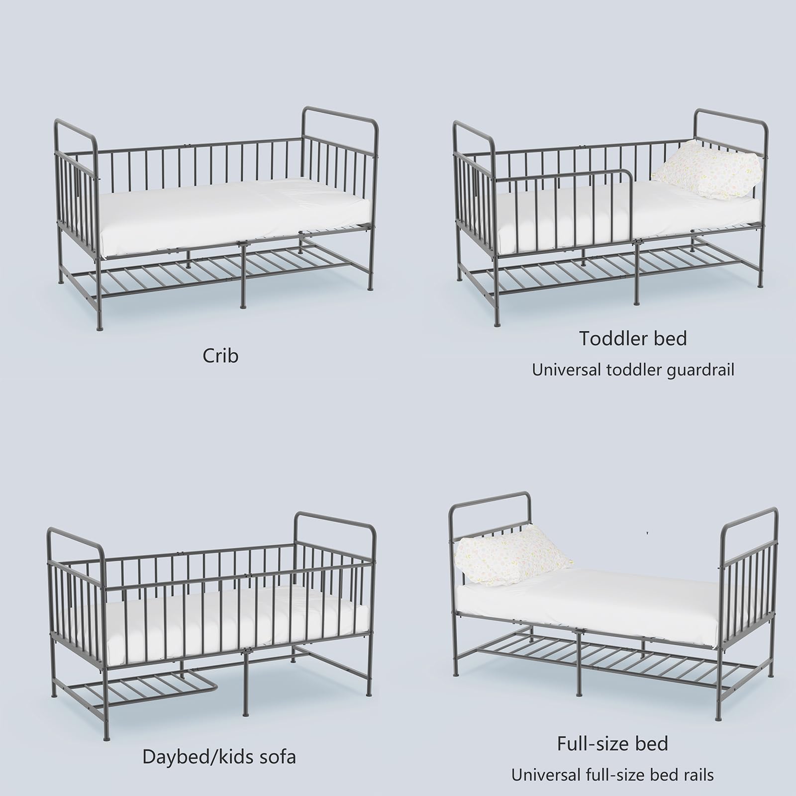 Uzelia Cuna Convertible para Bebé 4 en 1, Cuna para Bebé de Metal con Barandales de Seguridad, Cama Infantil, Daybed y Sofá para Niños, Estructura Resistente con Almacenamiento Inferior, Negro