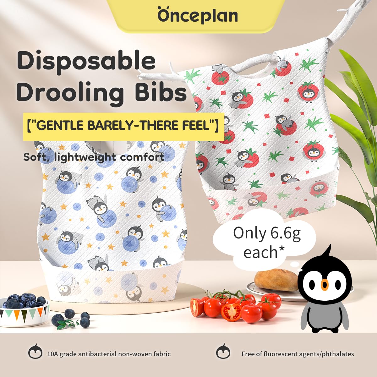 Onceplan Baberos desechables de alimentación, paquete individual de 24 para bebés y niños, pestañas adhesivas ajustables, baberos de 13.78 x 9.45 pulgadas para comer (【24 piezas) Oliver y melocotón)