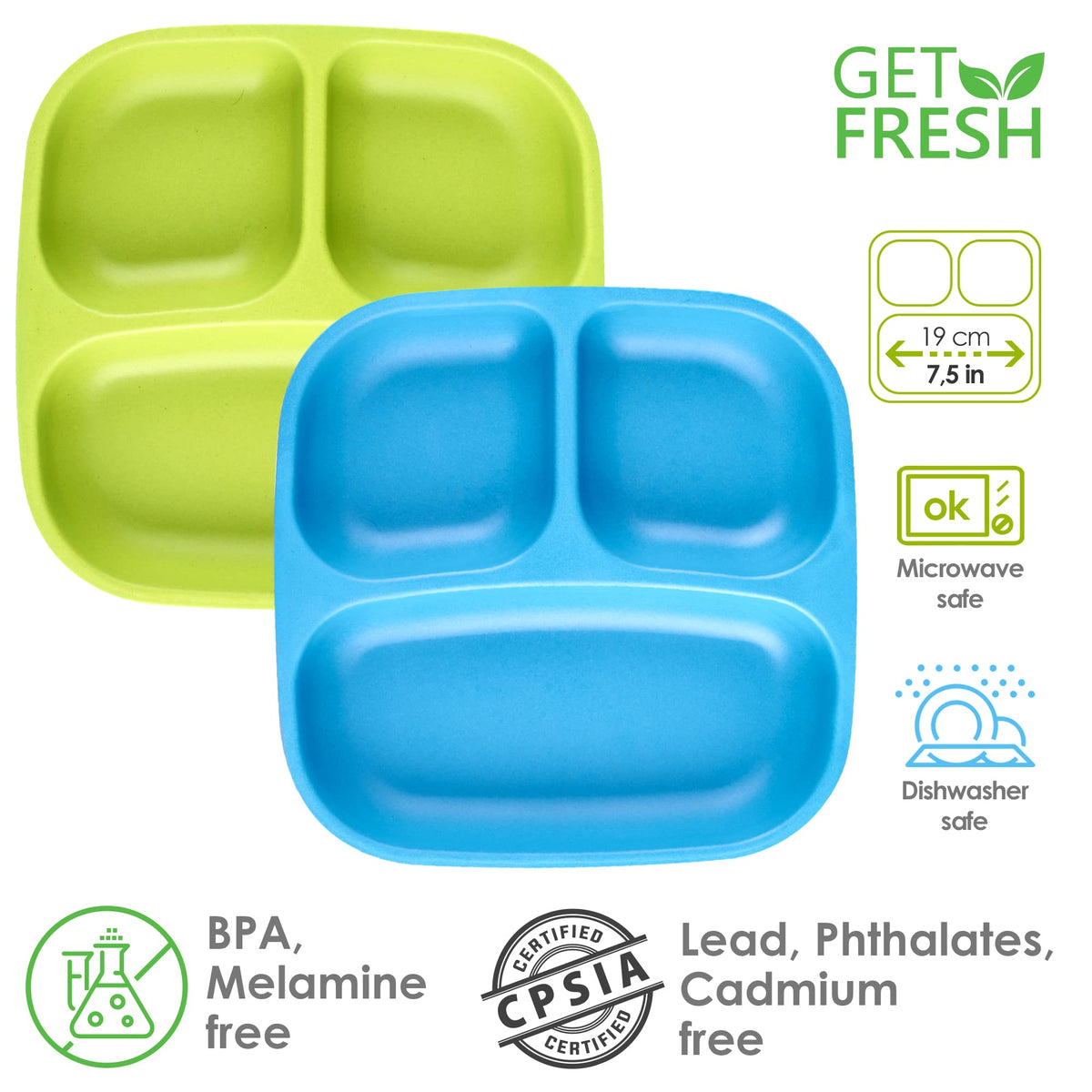 Get Fresh Juego de platos para niños divididos PLA - 2 platos infantiles sin melamina aptos para microondas - Vajilla infantil apilable sin BPA - Platos reutilizables aptos para lavavajillas para