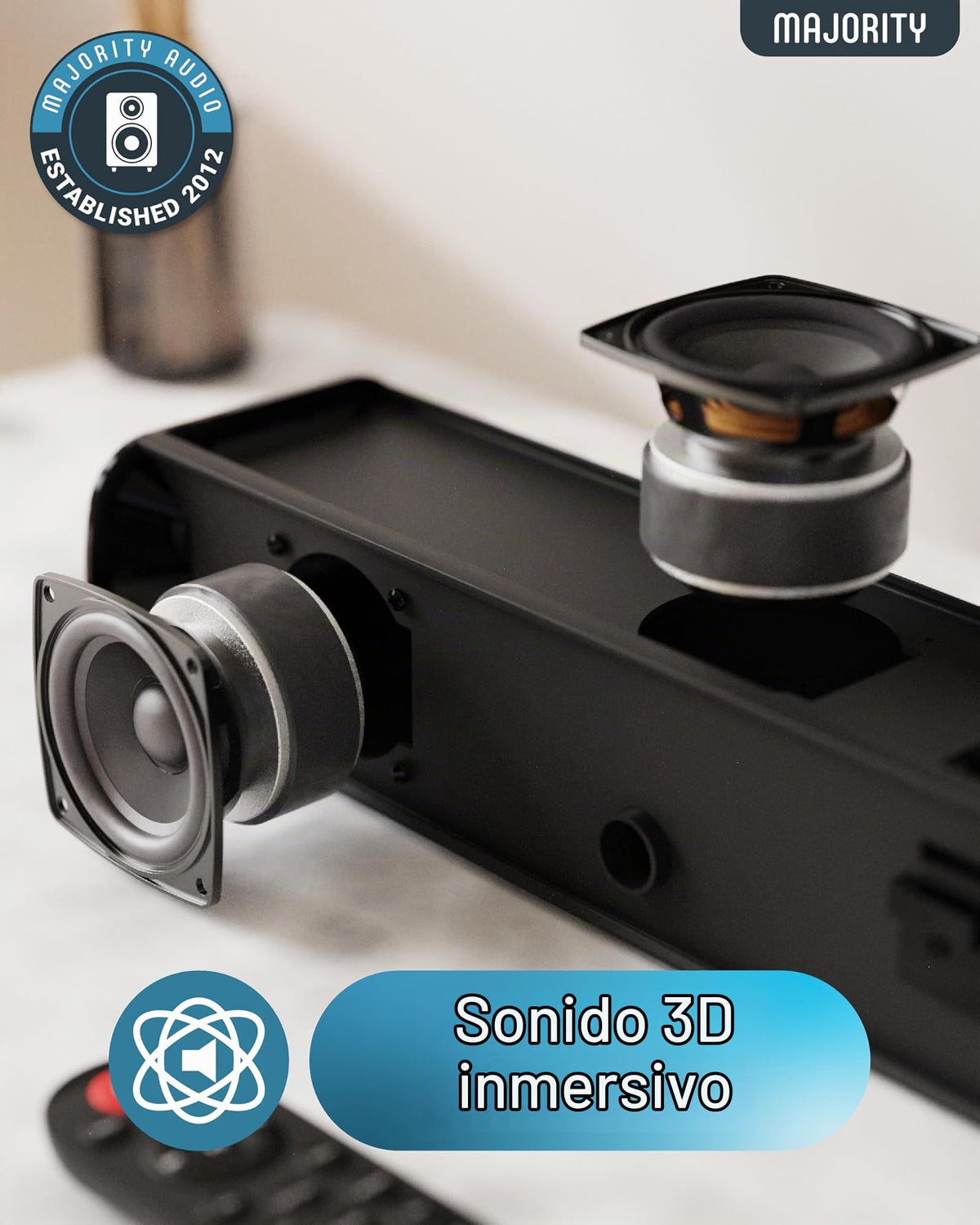 Barra de Sonido Bluetooth Majority Naga Negra 120W Sonido 3D con Subwoofer Integrado para Smart TV