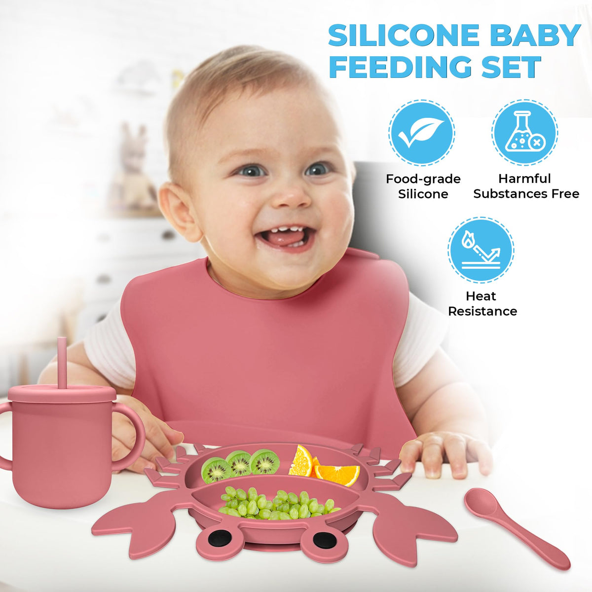 Suministros de destete LED para bebé, juego de alimentación de silicona para bebé, juego de placas de succión de silicona ultra completo Juego de 9 platos para bebés pequeños – Utensilios para comer