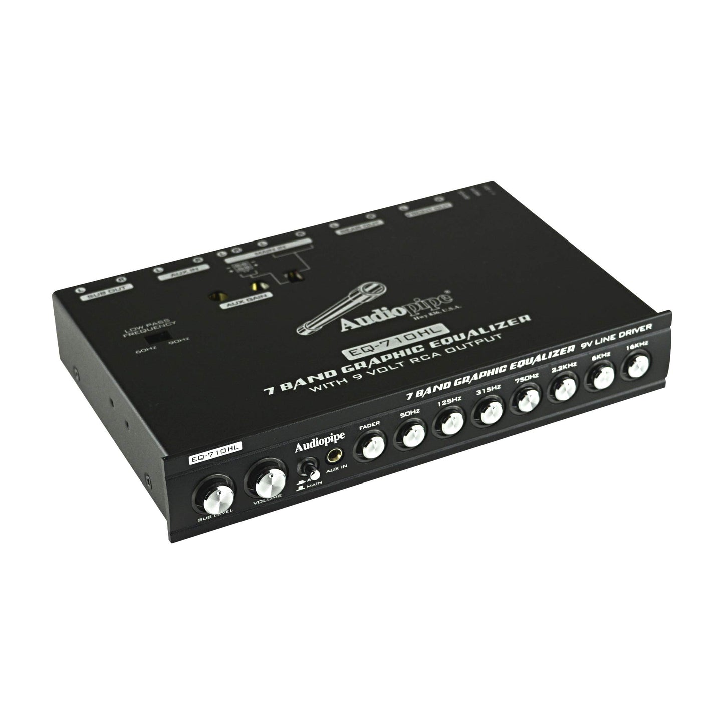 Audiopipe Ecualizador gráfico de 7 bandas con controlador de línea Hi/Lo -9V EQ-710HL