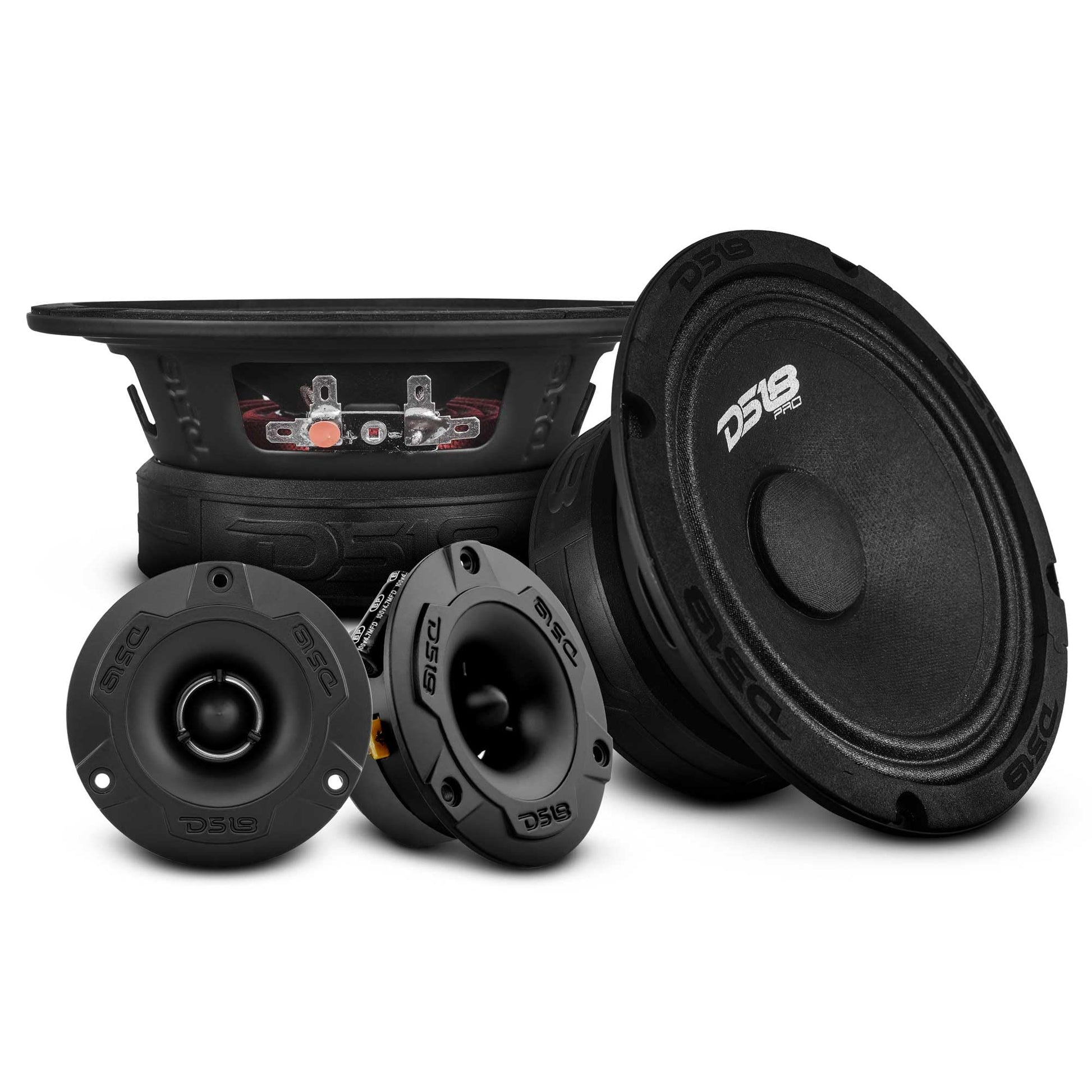 Paquete Completo de Altavoces DS18 Rojo Con Rango Medio de 6 Pulgadas y Agudos de Aluminio para Coche o Camión