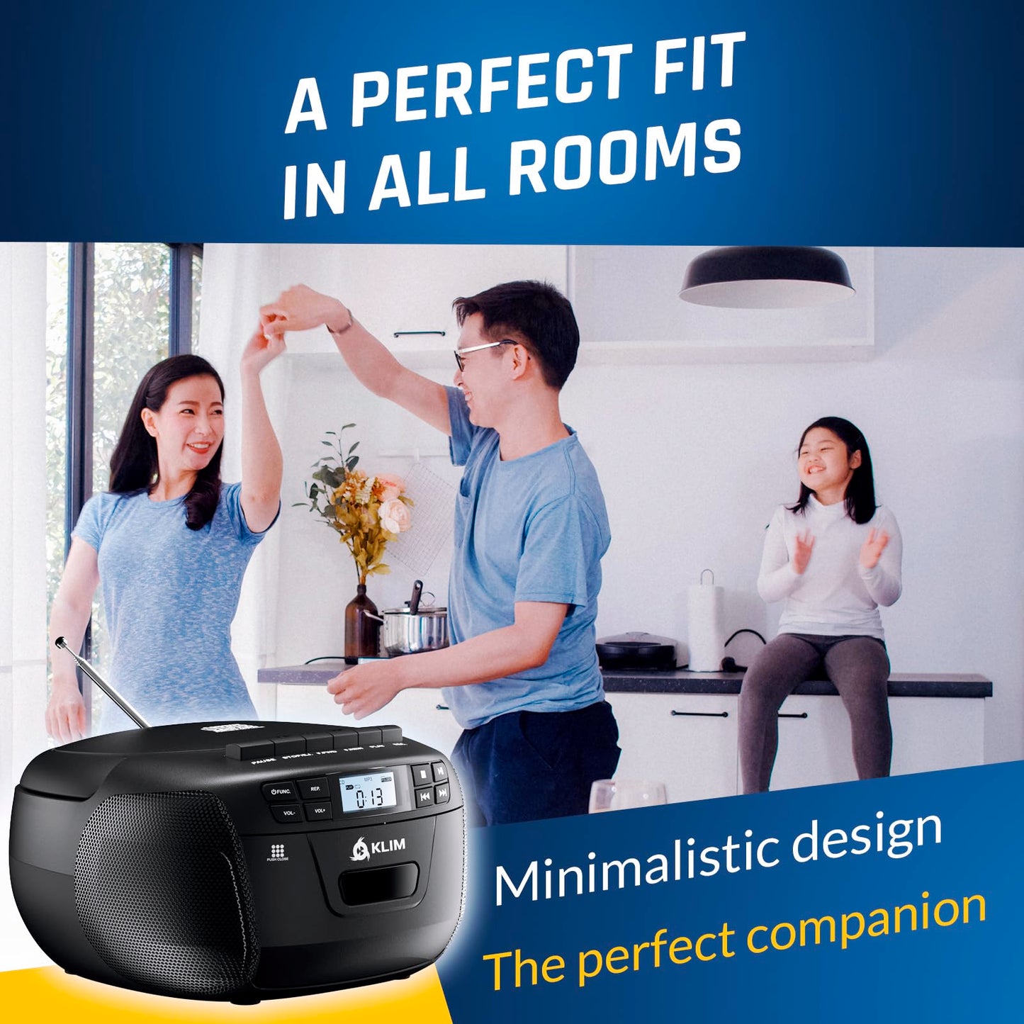 KLIM CD + reproductor de cinta de cassette, Bluetooth CD Boombox, radio AM/FM, sonido estéreo, control remoto, reproductor de CD y cassette, grabación de cinta, unidad USB, AUX