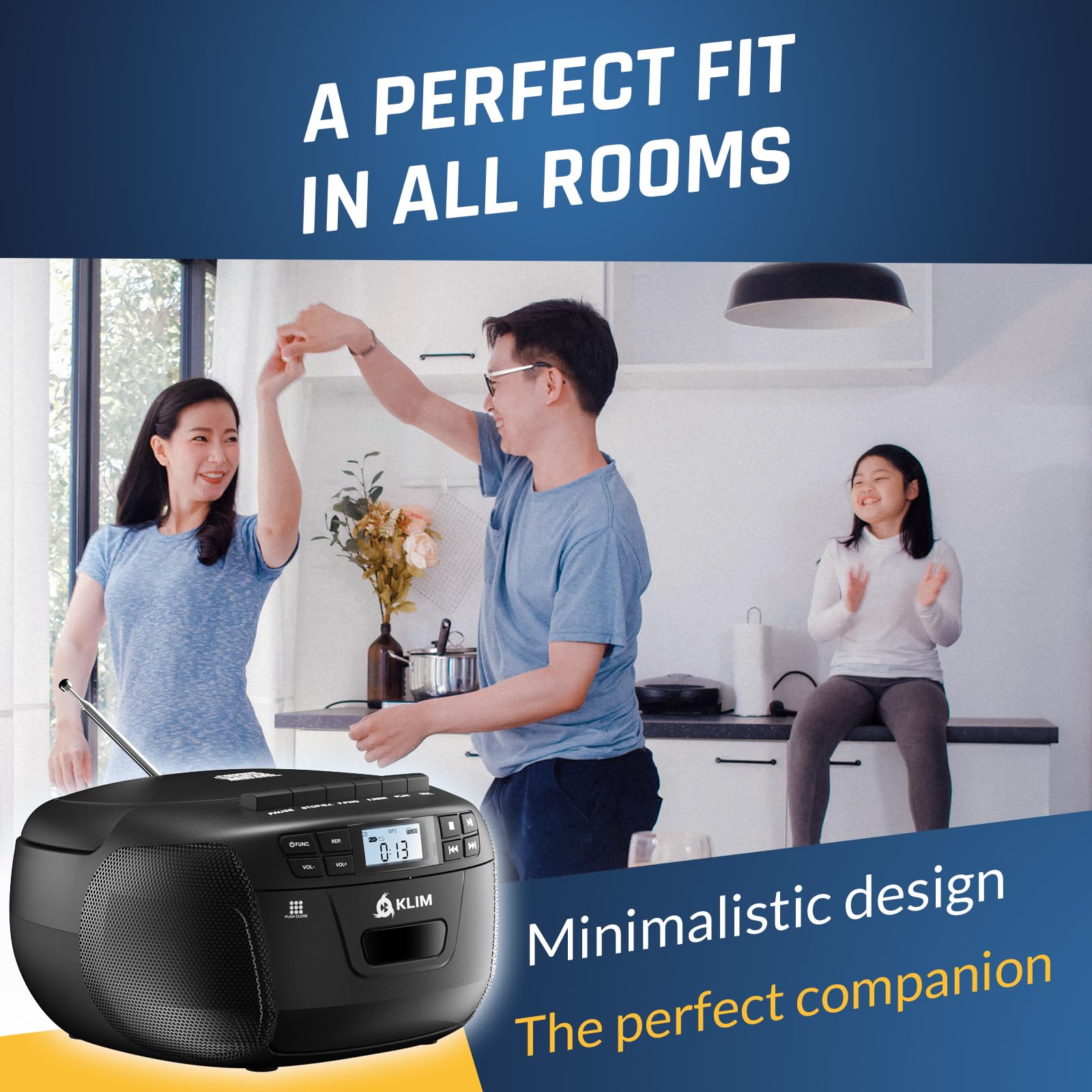 KLIM CD + reproductor de cinta de cassette, Bluetooth CD Boombox, radio AM/FM, sonido estéreo, control remoto, reproductor de CD y cassette, grabación de cinta, unidad USB, AUX