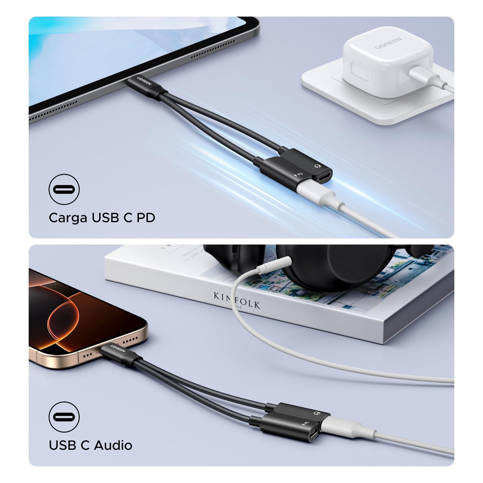 UGREEN Adaptador de Audio Tipo C de 1 Entrada y 2 Salidas, para Auriculares y Cargador con Cable de Carga Rápida PD de 60 W Compatible con iPhone 16 Pro MAX, Galaxy S25 Ultra, Pixel 9, iPad Pro/Air