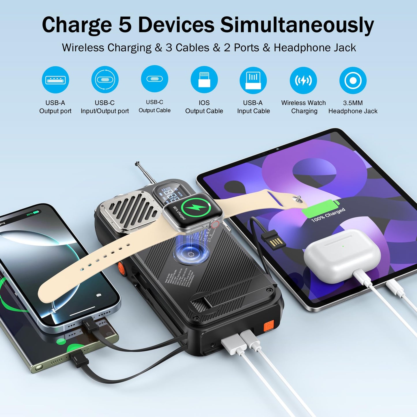 BROWEY - Cargador inalámbrico para banco de energía solar, 16000 mAh, manivela integrada y 3 cables con radio de emergencia y linterna, carga rápida de 20 W para teléfonos celulares, cargador portátil