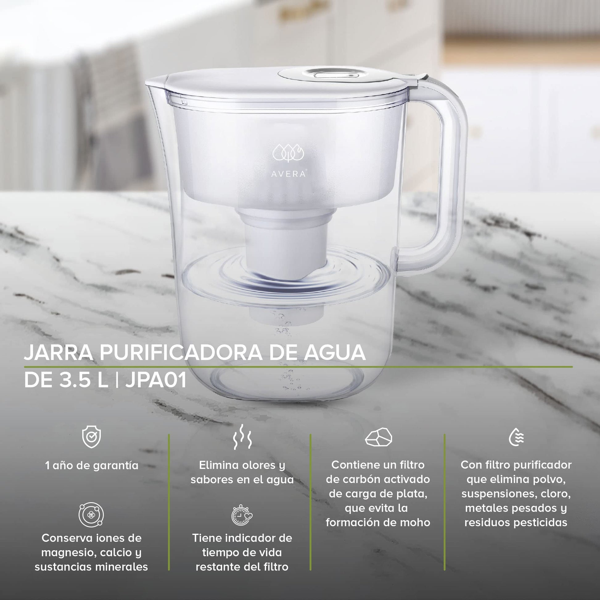 AVERA Jarra de agua con filtro de carbono activado con 4 etapas de filtrado, Agua pura y libre de materiales pesados, Capacidad de 3.5L | JPA01