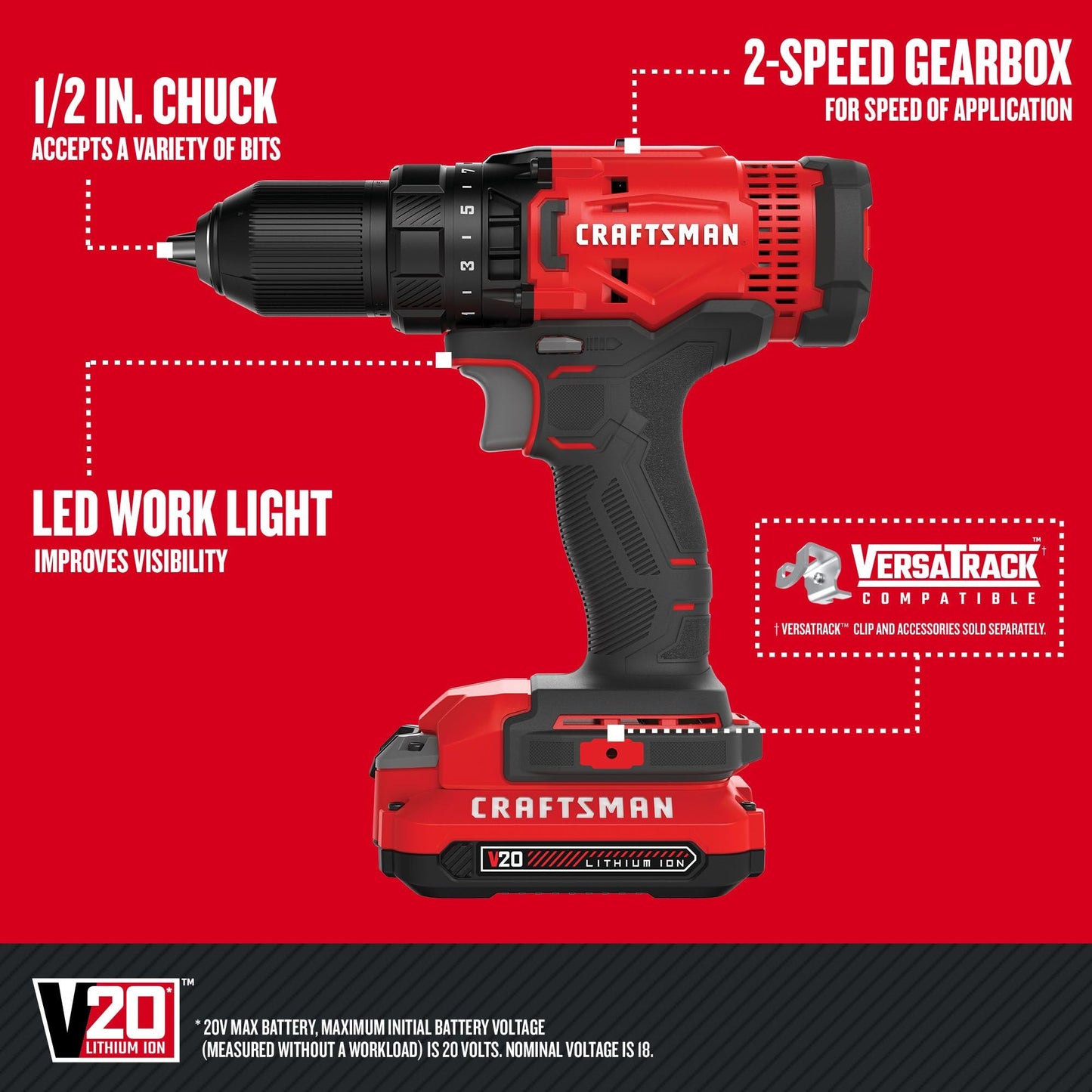 CRAFTSMAN - V20* Kit de taladro/desarmador inalámbrico (CMCD700C1)