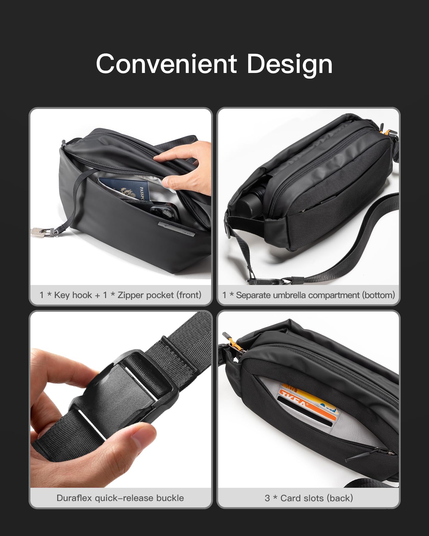 Inateck - Bolso bandolera elegante con correa ajustable para el hombro, resistentes a las salpicaduras para hombres y mujeres, riñonera multiusos para viajes, gimnasio, ciclismo, trabajo, deporte,