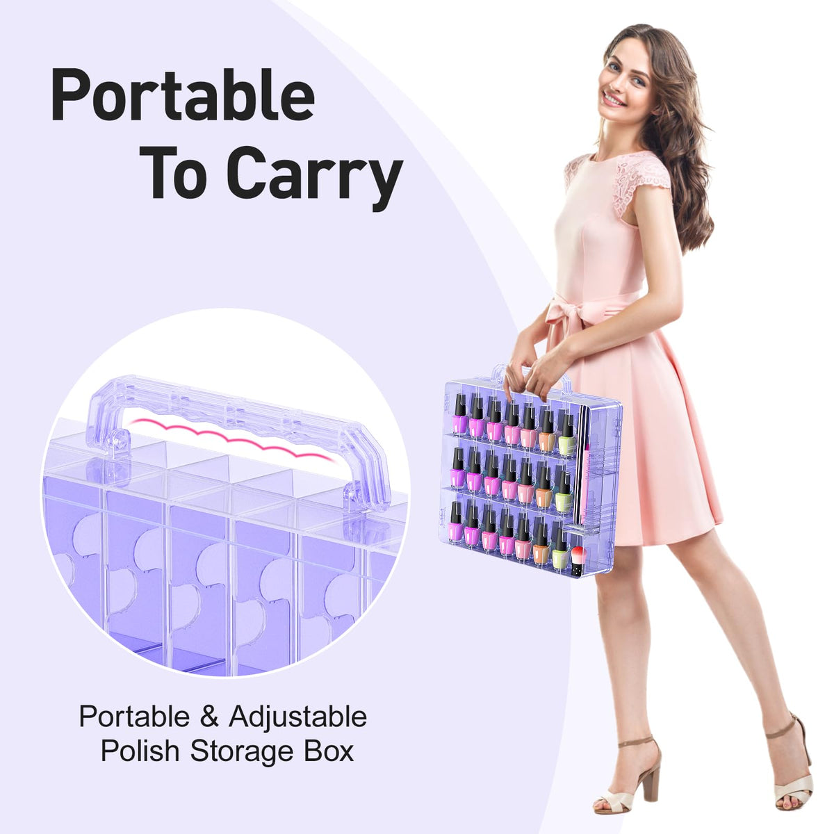 Beloving - Funda organizadora de esmalte de uñas para 48 botellas, soporte para esmalte de uñas con divisor ajustable, almacenamiento de esmalte de uñas de gel de doble cara, organizador para