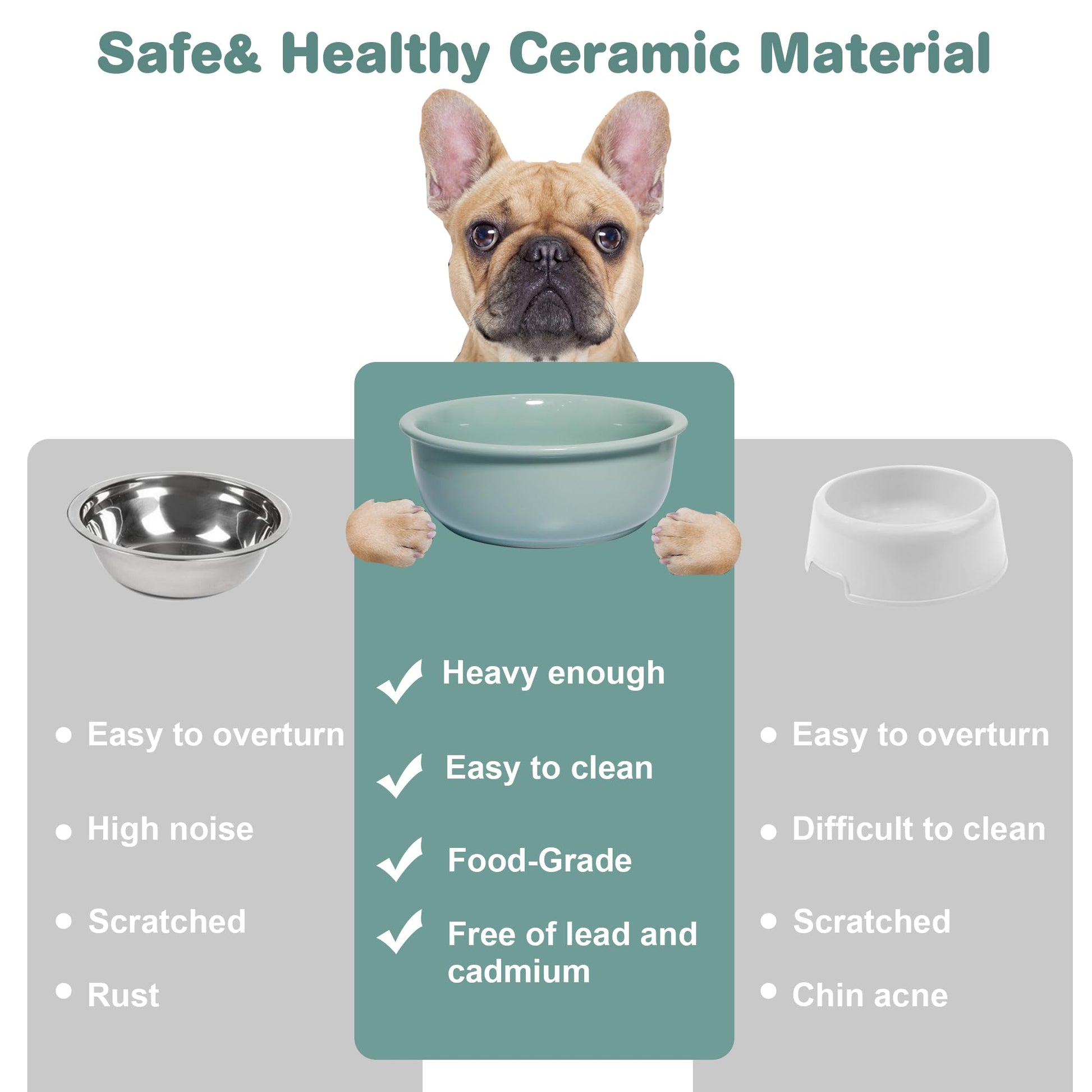 Cuencos de cerámica para perros, platos antideslizantes para perros y gatos pequeños, medianos y pequeños, cuencos de porcelana duradera para perros y agua (28 onzas, verde claro)