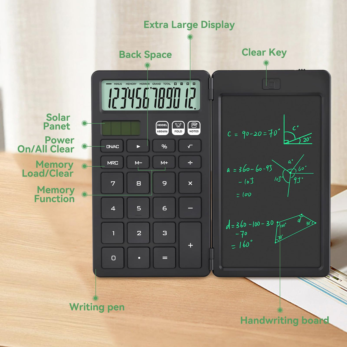 Calculadora ROATEE Negra con Tableta de Notas Plegable y Visualización LCD para el Hogar