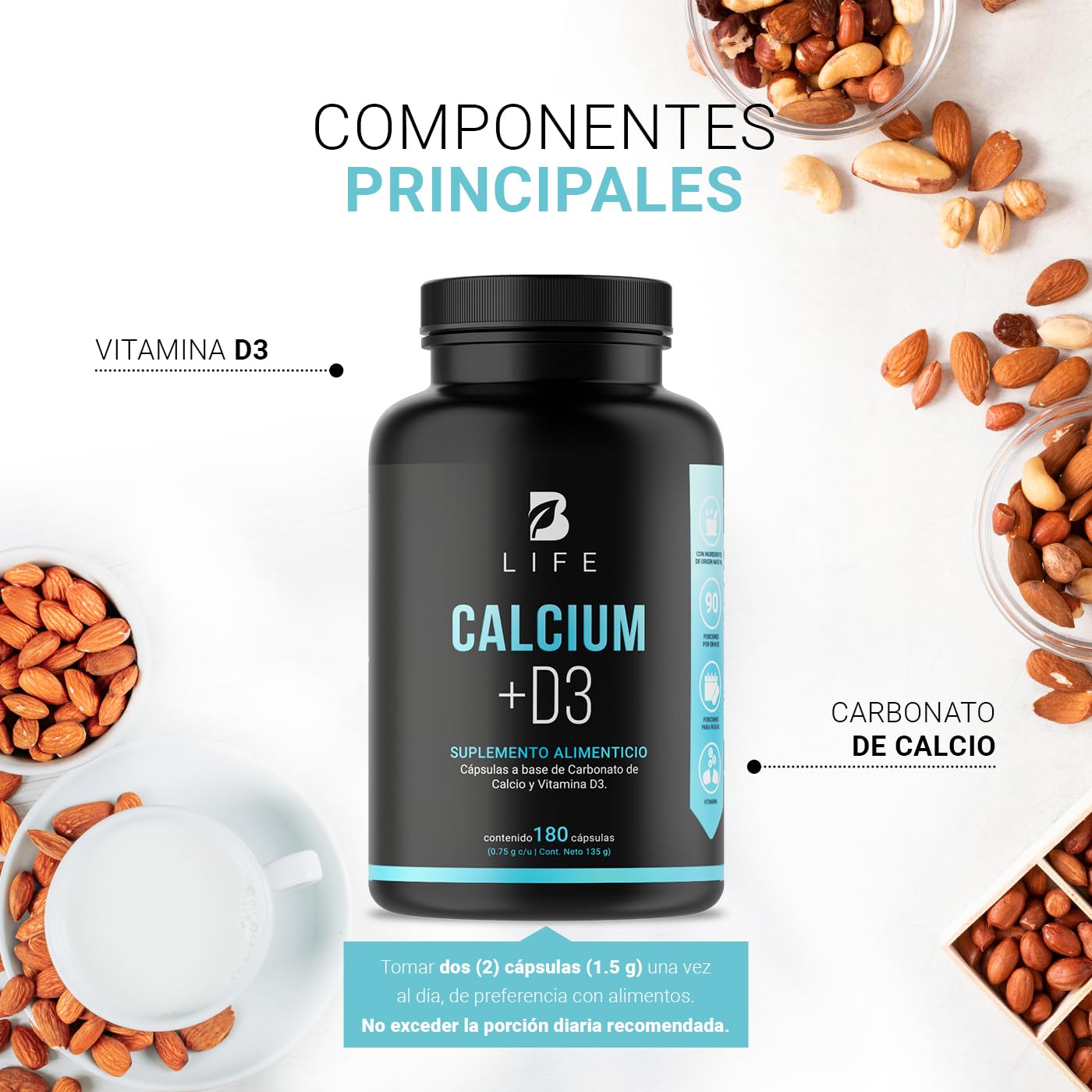 Calcio y Vitamina D3 concentración de 1500 mg de Carbonato de Calcio (equivalente a 600 mg de Calcio). Ingredientes Naturales en 180 Cápsulas. Calcium & D3 B Life
