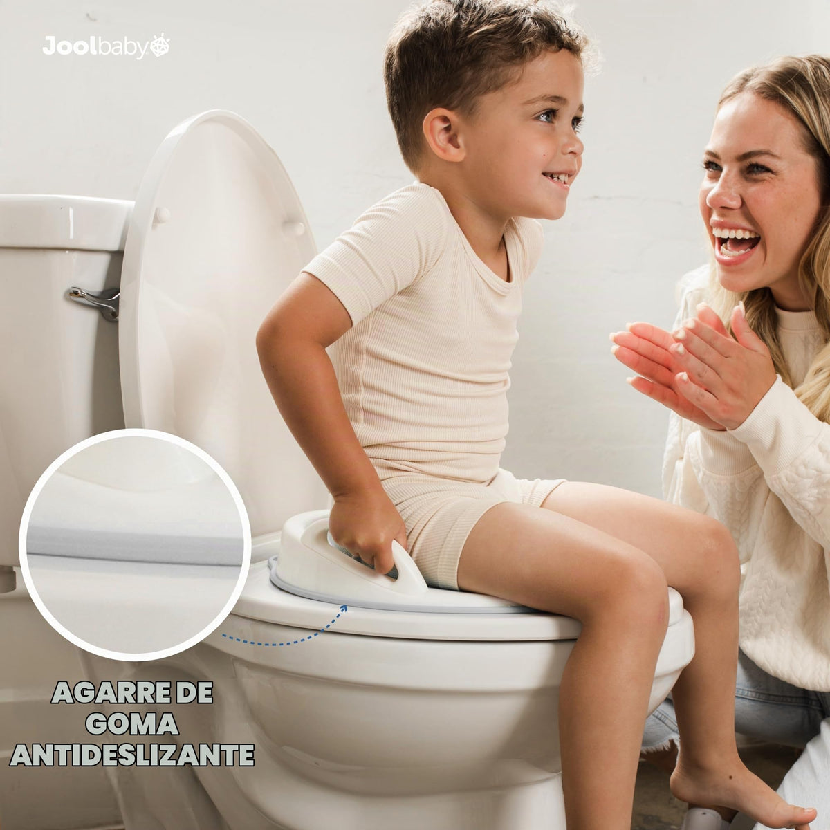 Jool - Asiento de entrenamiento para bebé para niños y niñas con asas, se adapta a inodoros redondos y ovalados, antideslizante con protector contra salpicaduras, incluye gancho de almacenamiento