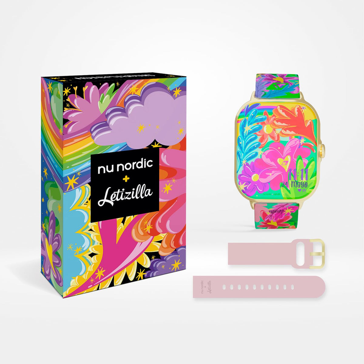 Smartwatch NU Nordic Letizilla Dorado Flores con Correa Extra para Mujer
