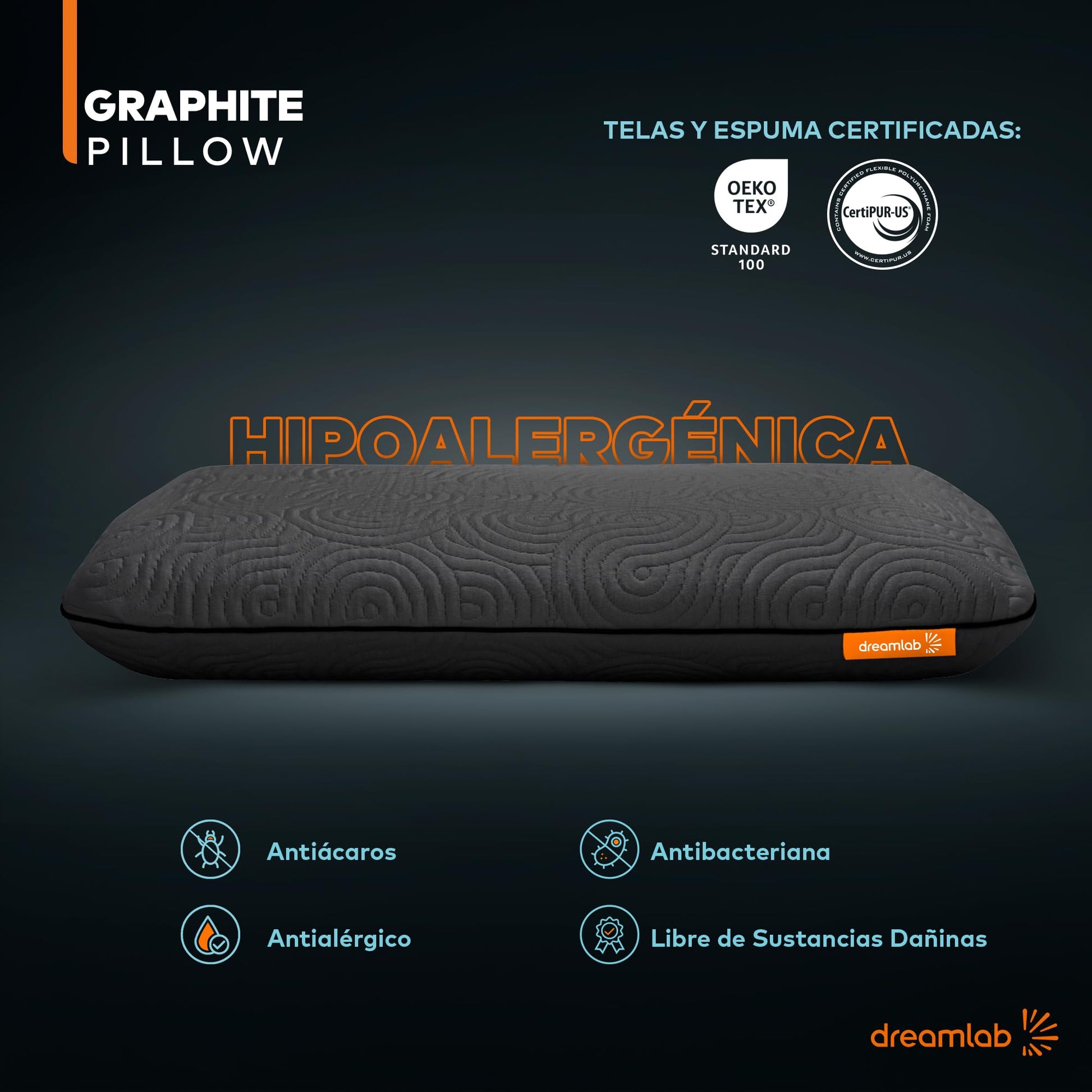 Almohada Dreamlab Graphite Pillow Firmeza Media con Carbón Hipoalergénica King Size