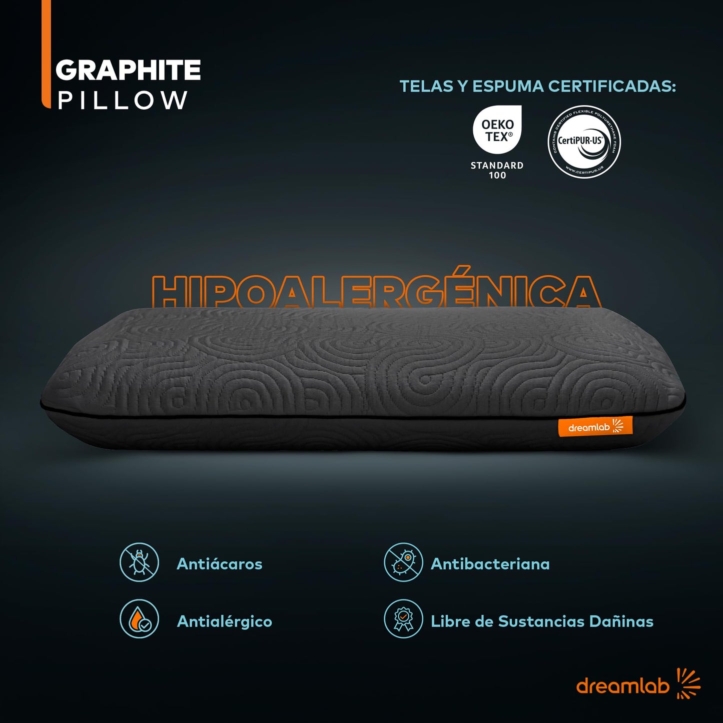 Almohada Dreamlab Graphite con Memory Foam y Carbón Hipoalergénica Antibacterial Firme Medio