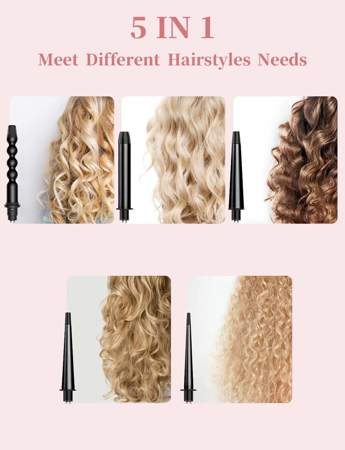 Rizador de Cabello 5 en 1 con Guantes, Cerámica Ajustable - Peines y Clips Incluidos - Calentamiento Instantáneo - Herramientas de Peinado Profesionales - Negro. ¡Cabello liso o rizado en minutos!