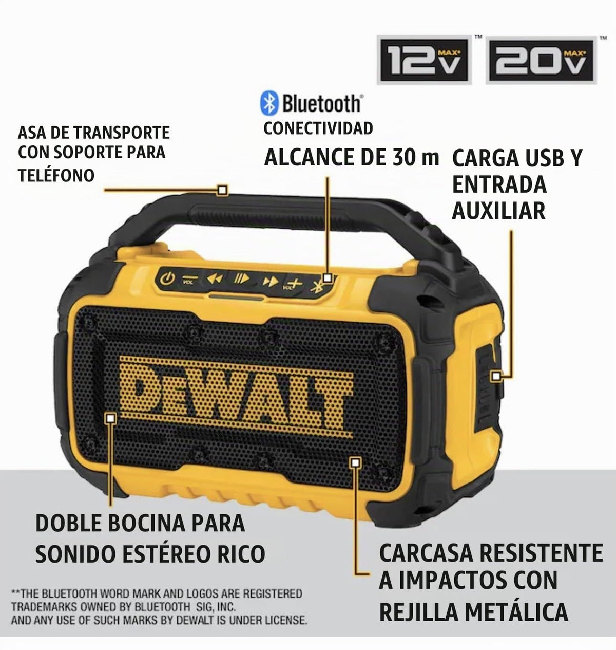 Altavoz Bluetooth DEWALT Amarillo Resistente a Impactos con Cargador y Batería Incluida