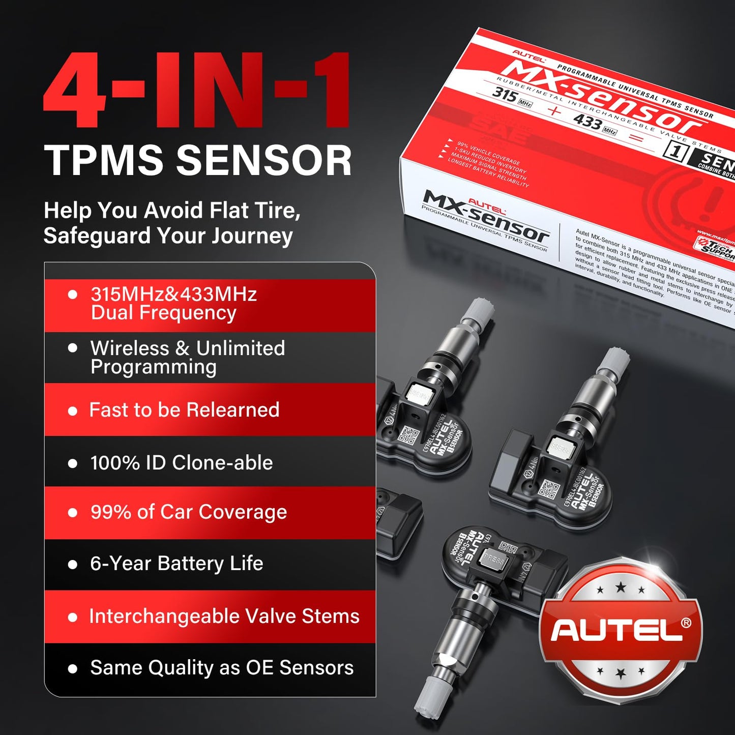 Autel TPMS Sensors Set de 4, sensor MX, sensor de presión de neumáticos MaxiTPMS 2 en 1 (315 MHz + 433 MHz) Sensores OE a presión programables por TS408S TS508 TS508WF TS608 ITS600 MP900TS MS906PRO-TS