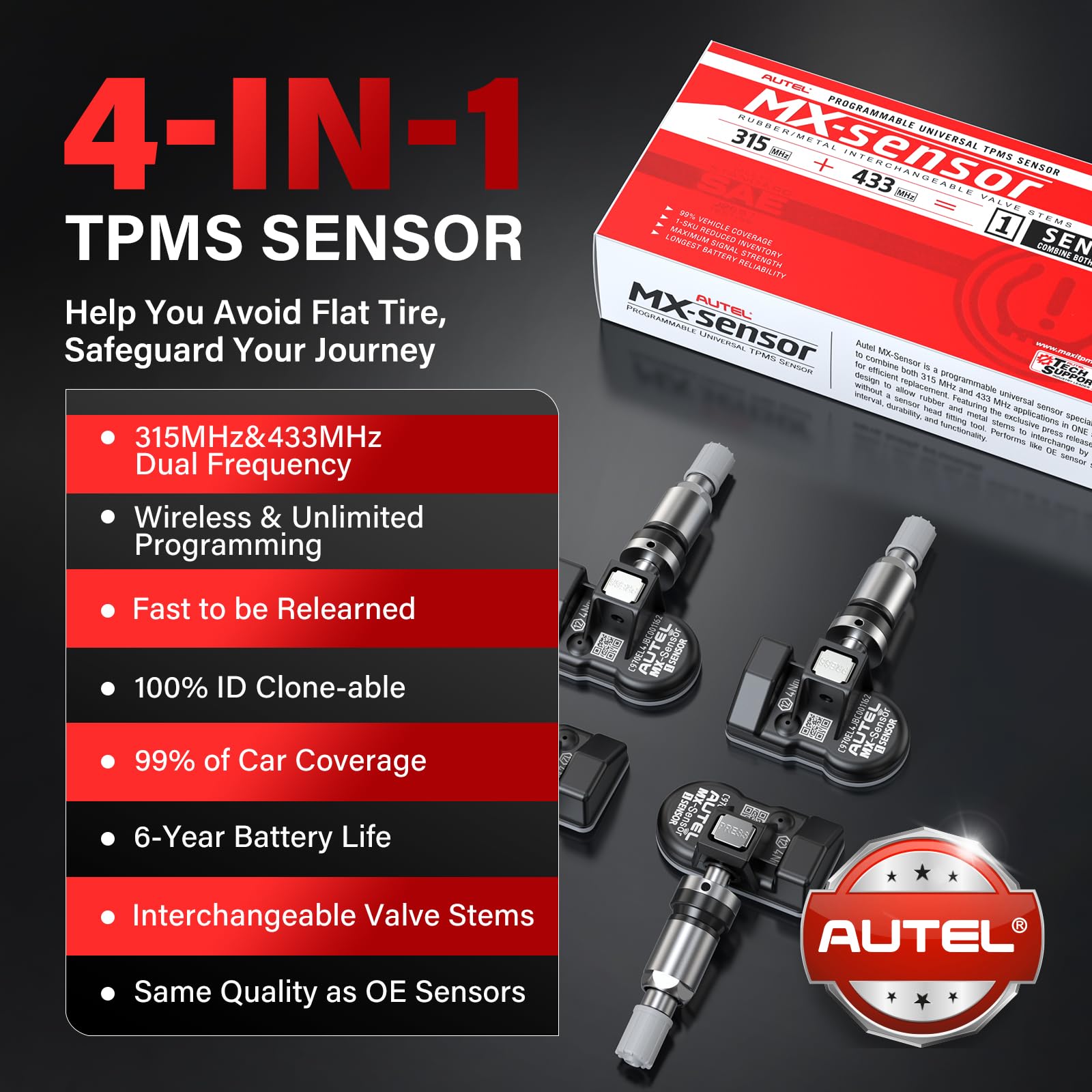 Autel TPMS Sensors Set de 4, sensor MX, sensor de presión de neumáticos MaxiTPMS 2 en 1 (315 MHz + 433 MHz) Sensores OE a presión programables por TS408S TS508 TS508WF TS608 ITS600 MP900TS MS906PRO-TS
