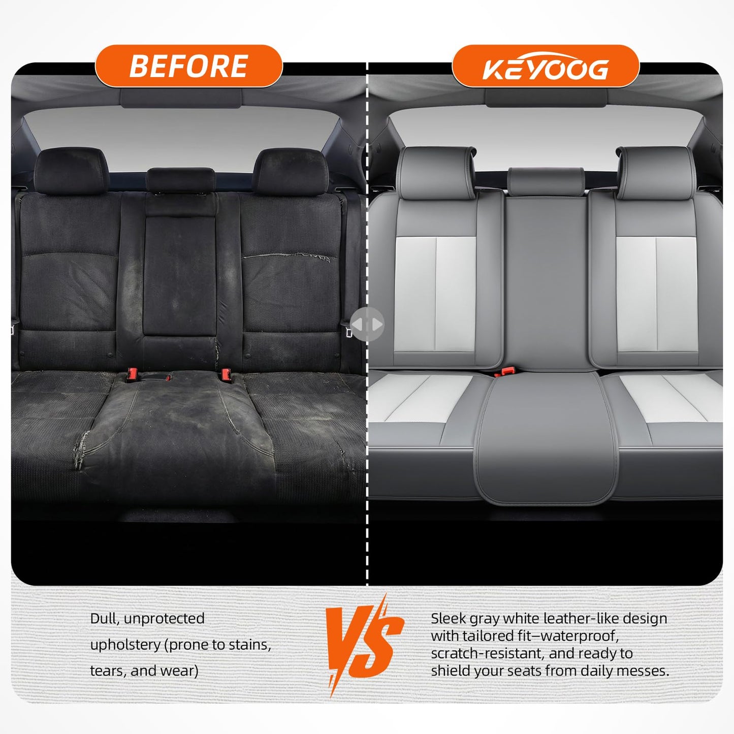 KEYOOG - Juego completo de fundas de asiento de coche de 5 plazas, impermeables y transpirables, para asientos delanteros y traseros de automóviles, compatible con bolsas de aire, fundas protectoras