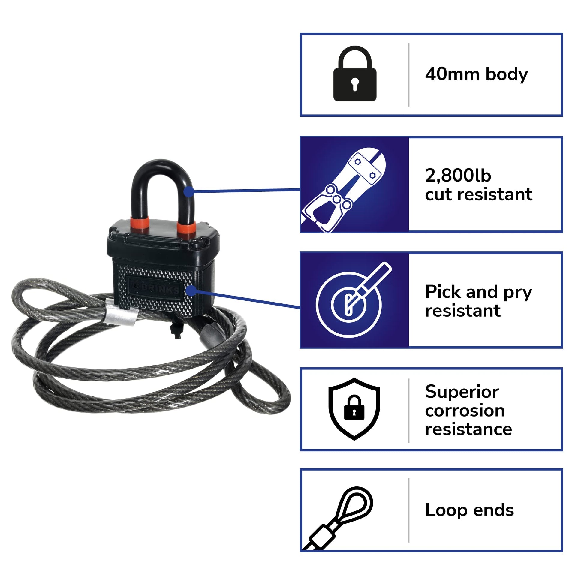 BRINKS 175-25481 - Candado de acero laminado de 40 mm resistente a la intemperie con cable de acero de 4 pies, envuelto en polímero de plástico y chapado en cromo con grillete de acero endurecido, 175