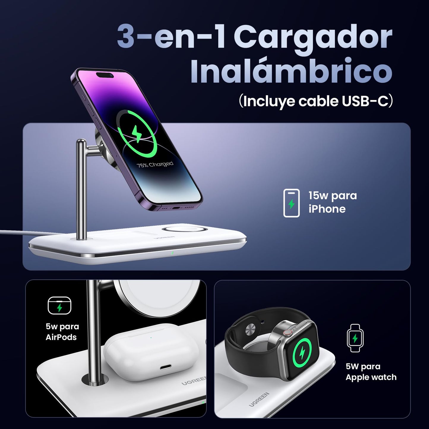 UGREEN Qi2 3-en-1 25W Cargador Inalámbrico MagSafe,15W Carga Rápida para, Estación de Carga Compatible con iPhone 16/15/14/13/12 Series iWatch S6/7/8/9 AirPods 2/3/4 Series (Sin Adaptador AC)