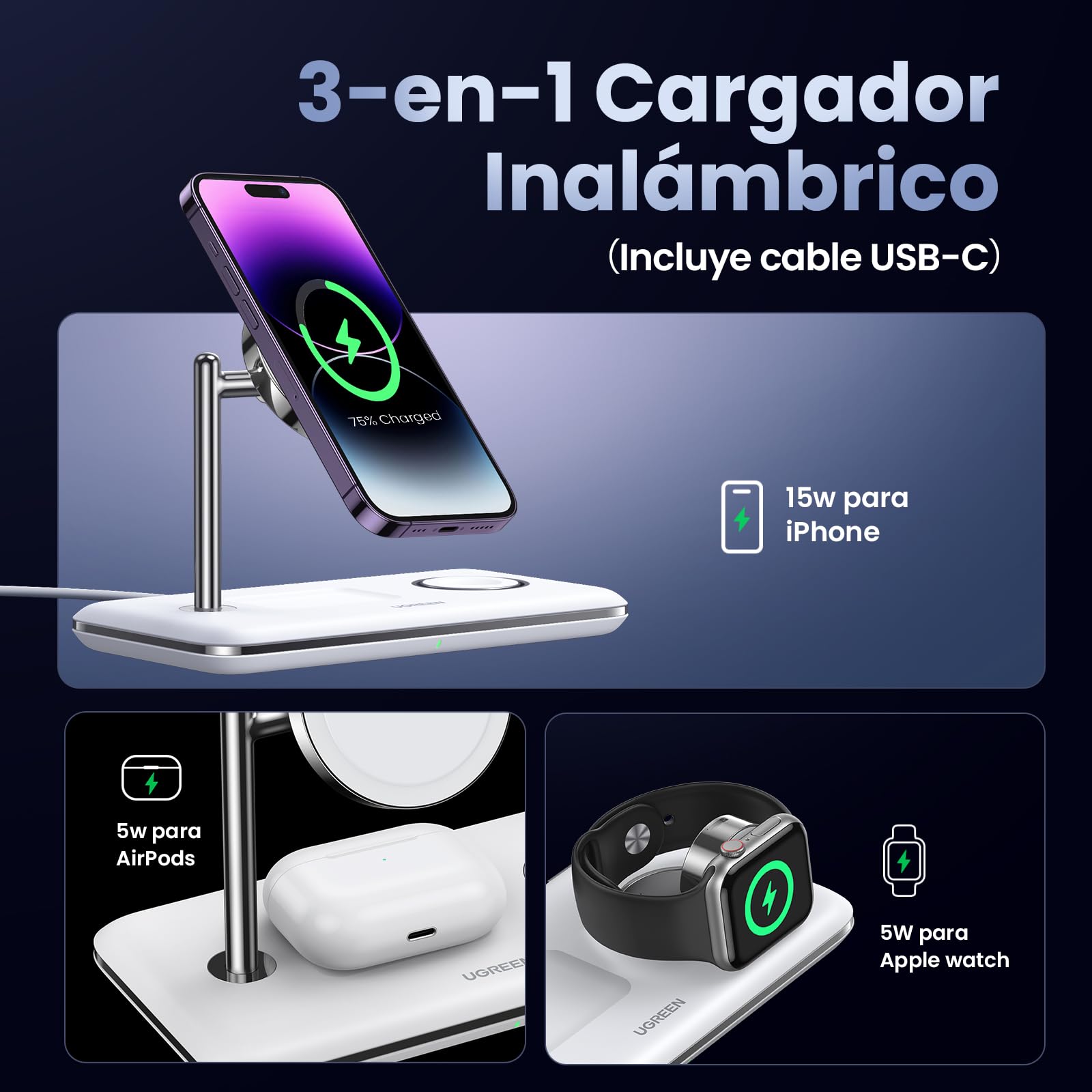 Cargador Inalámbrico 3-en-1 UGREEN Blanco MagSafe 25W Carga Rápida para iPhone, iWatch y AirPods
