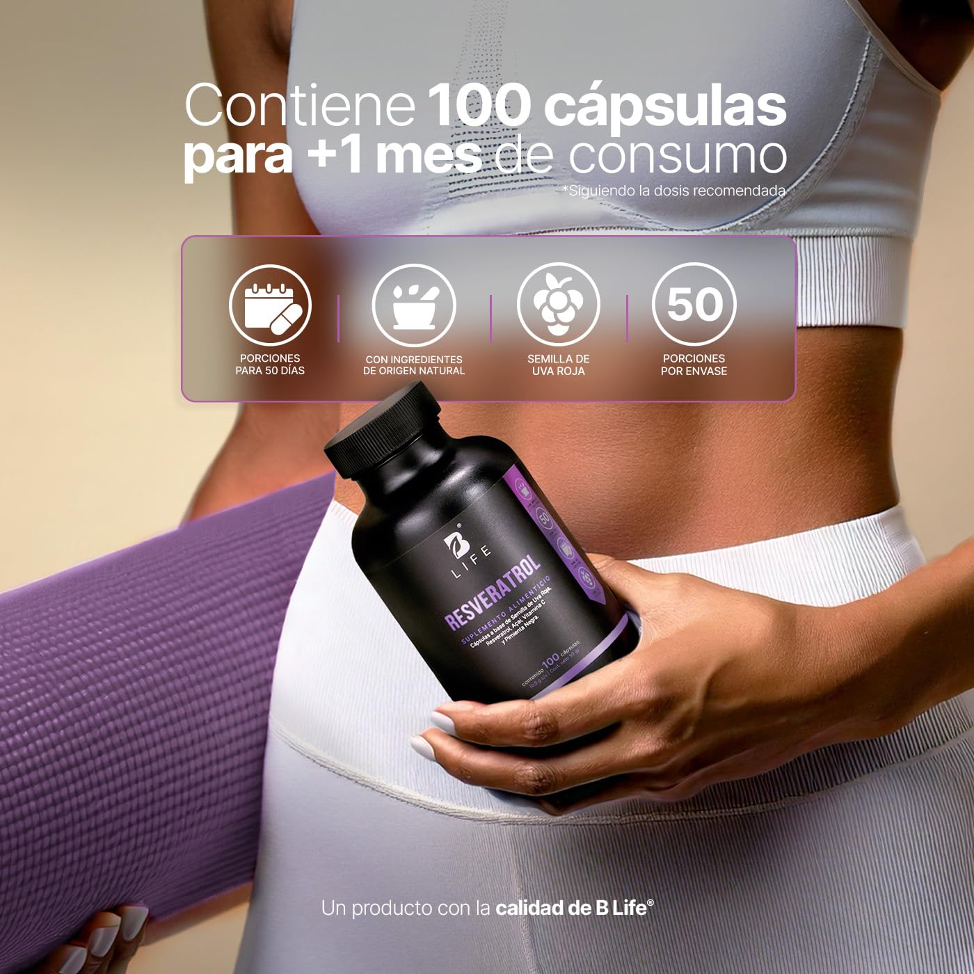 B Life Resveratrol 100 Cápsulas | Antioxidante con Pimienta negra, Uva Roja, Acai y Vitamina C |1000 mg por porción. Ingredientes Naturales.