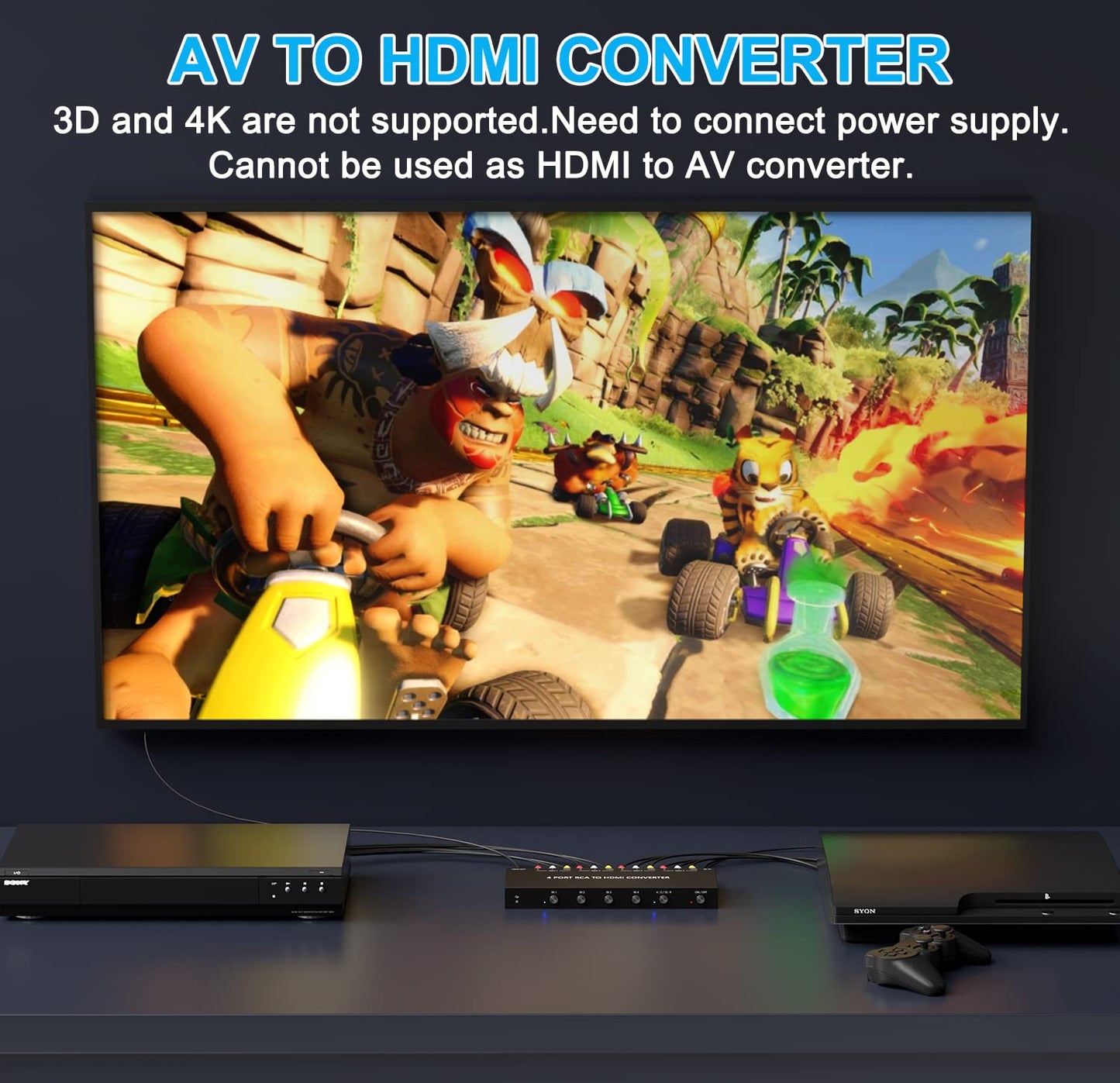LVY - Convertidor RCA a HDMI de 4 puertos, compatible con 720/1080P, conmutador 16:9/4:3 compatible con Wii, N64, PS2, PS3, VHS, VCR, reproductores de DVD (4 entradas AV, 1 salida HDMI)