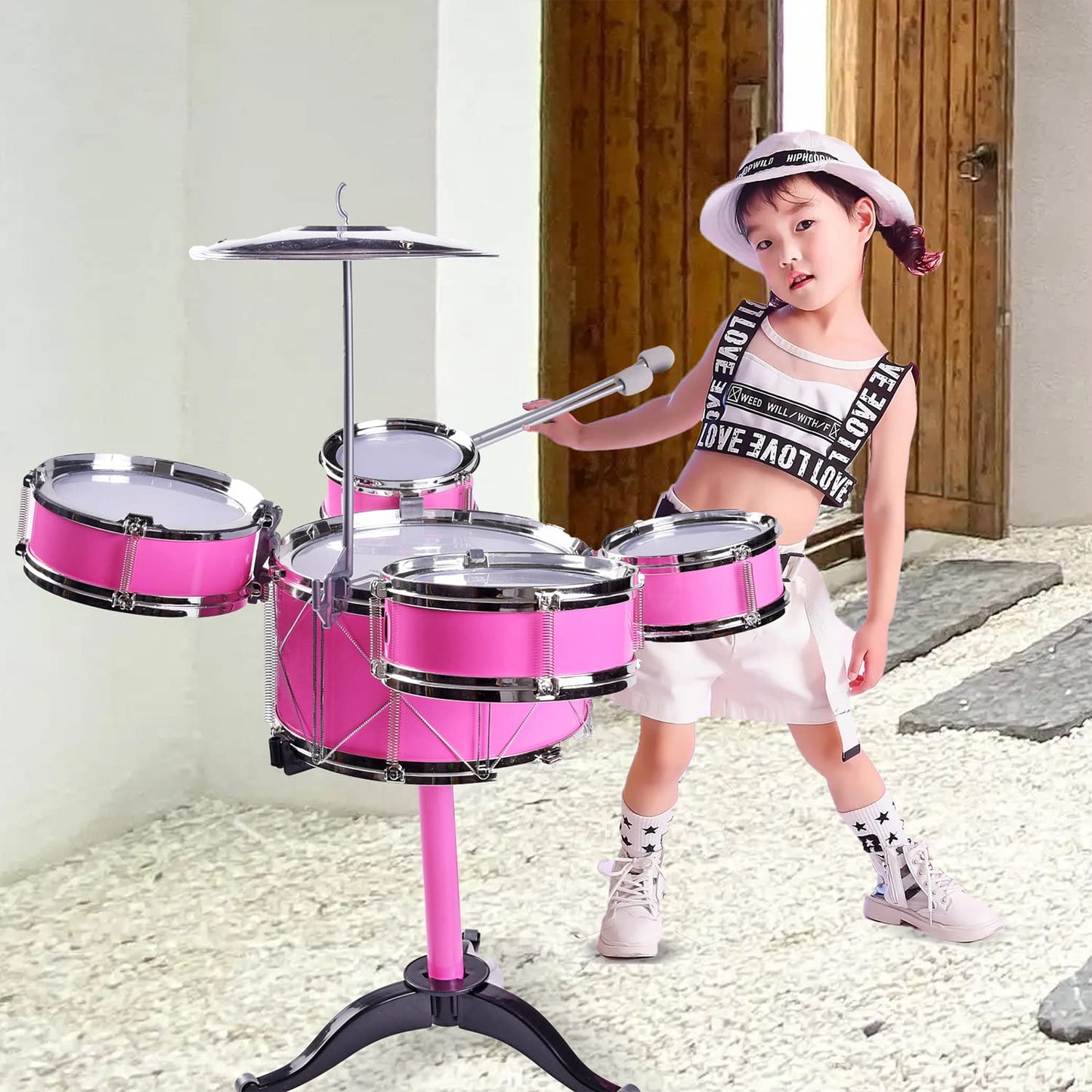 Adecuado para niños de 3 a 7 años, juego de tambor para niños, tambor de jazz (rosa)