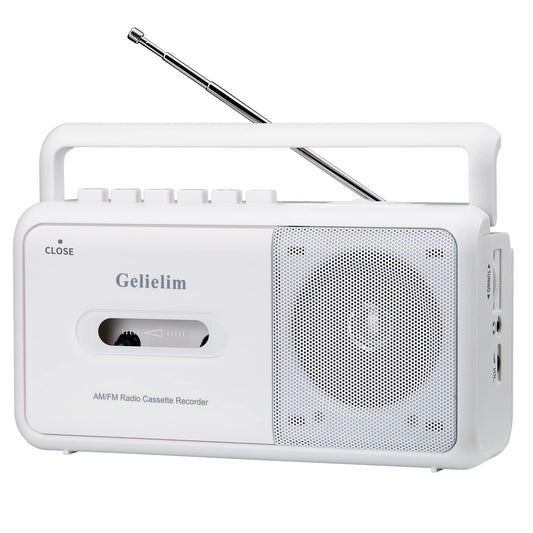 Gelielim Boombox - Reproductor de cassette, radio estéreo portátil AM/FM, reproductor de cinta de casete con altavoz grande y conector para auriculares, funciona con pilas o reproductor de cinta con alimentación de CA