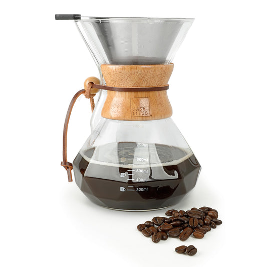 CASA LITUS Cafetera tipo Chemex Grande (800 ml) con Filtro Reutilizable de Acero Inoxidable, Cafetera de Goteo Pour Over Café Molido, Agarradera de Bambú y Vidrio de Borosilicato, Rinde 4 Tazas.