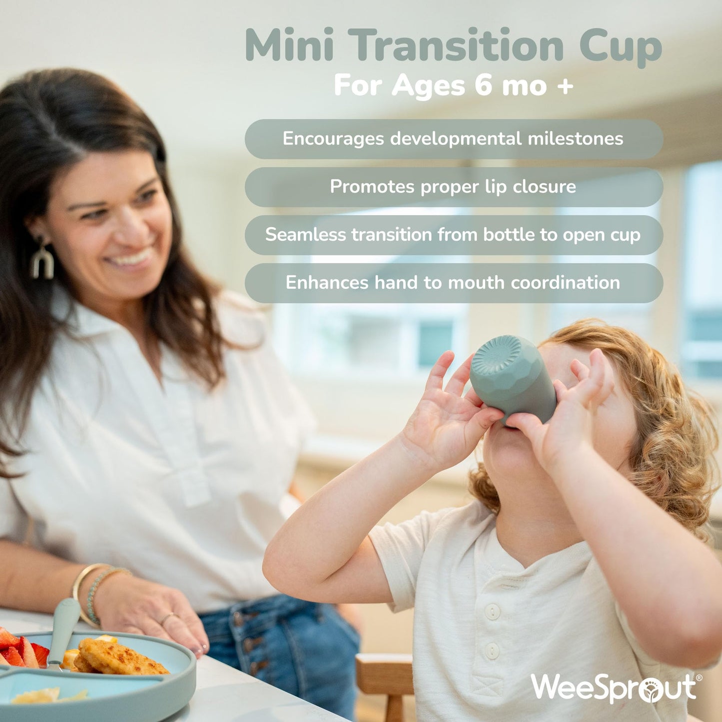 WeeSprout Vasos de silicona para bebés - Juego de 2 vasos de silicona suave - Vaso abierto de 56 g para bebés de 6 meses en adelante - Agarre antideslizante, base con peso - Suave para encías y diente