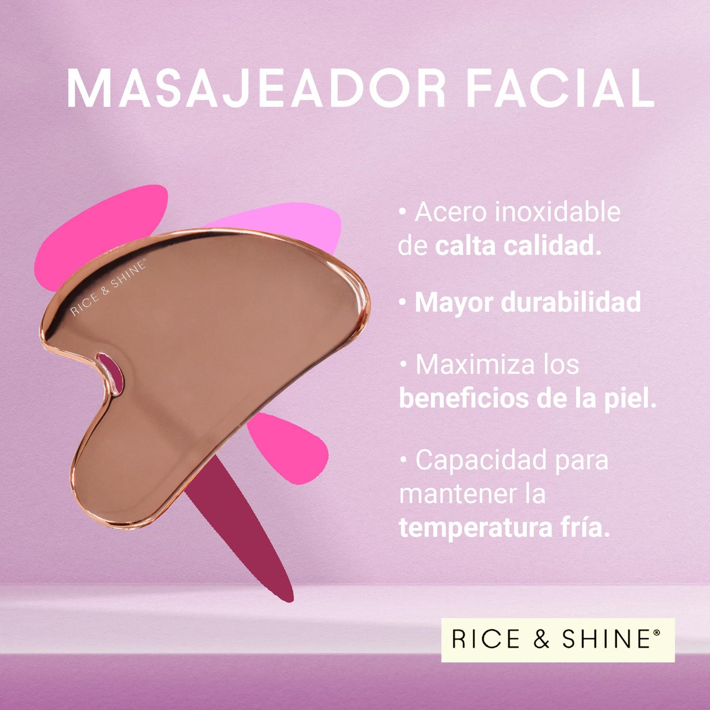 Masajeador Facial Gua Sha de Acero Inoxidable Rosa | Guasha para Drenaje Linfático y Desinflamación | Herramienta de Belleza y Cuidado Facial | Ideal para Piel Radiante y Suave | RICE & SHINE