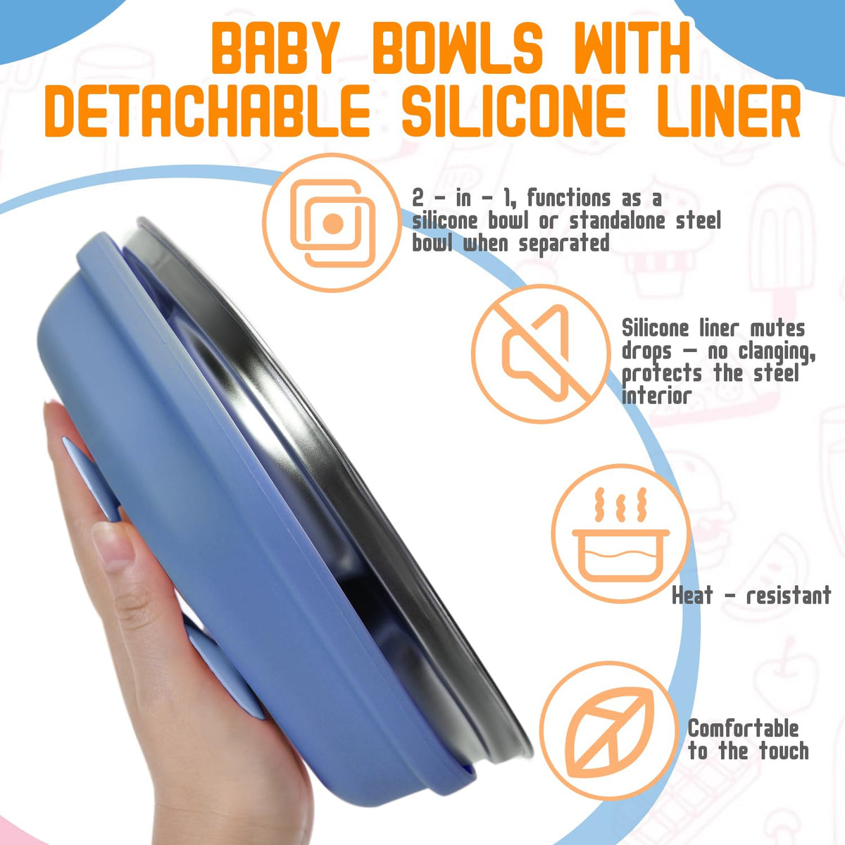 Paquete de 2 platos de acero inoxidable para niños con succión, borde alto de 7.75 pulgadas, a prueba de derrames, 2 cucharas y mangas extraíbles, aptos para microondas y lavaplatos, sin BPA